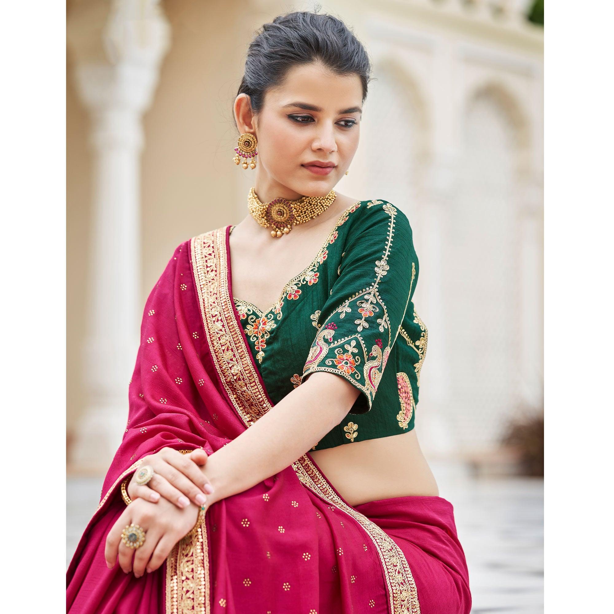 Pink Sequence With swarovski Work Vichitra Silk Saree - Peachmode