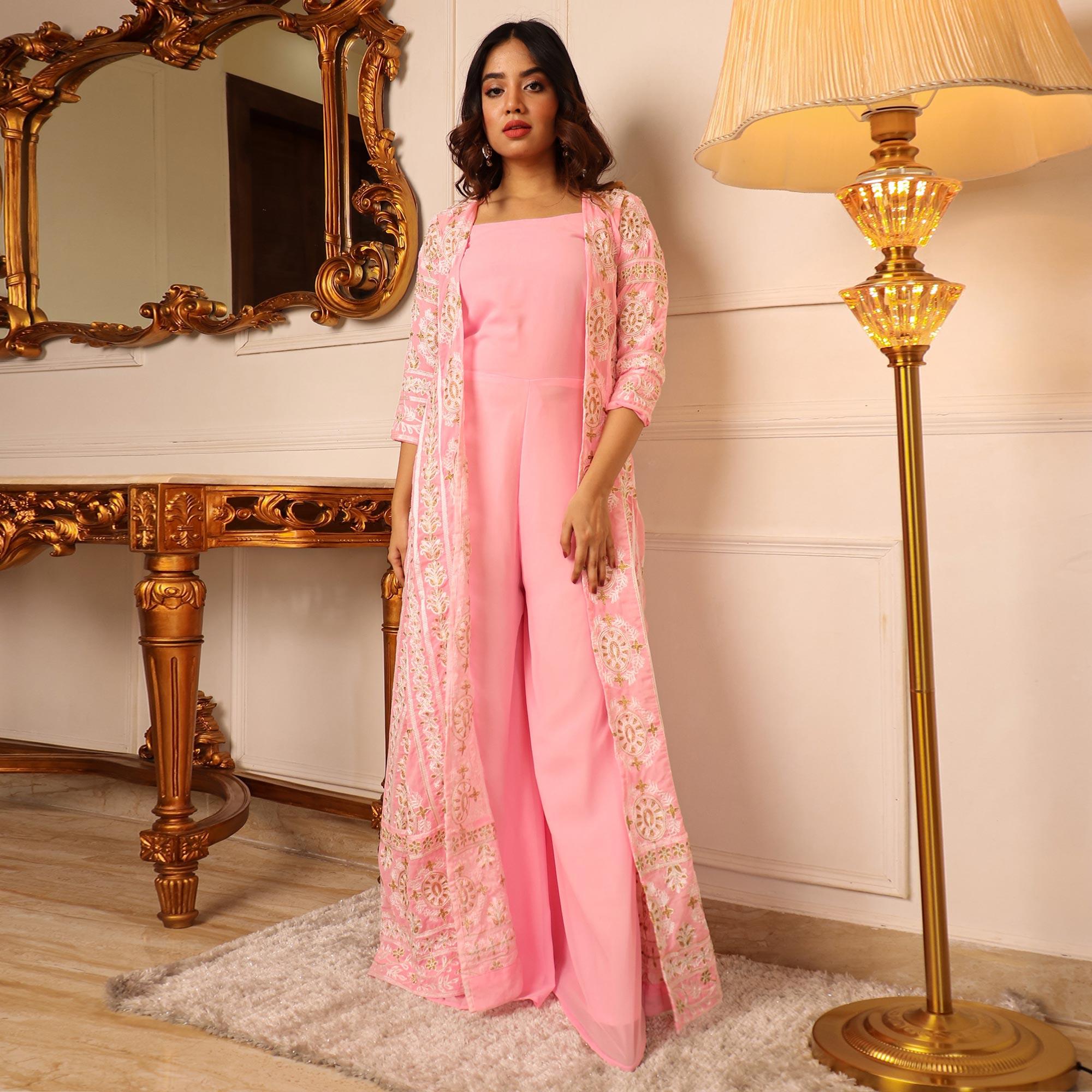 Pink Solid Georgette Jumpsuit With Embroidered Jacket - Peachmode