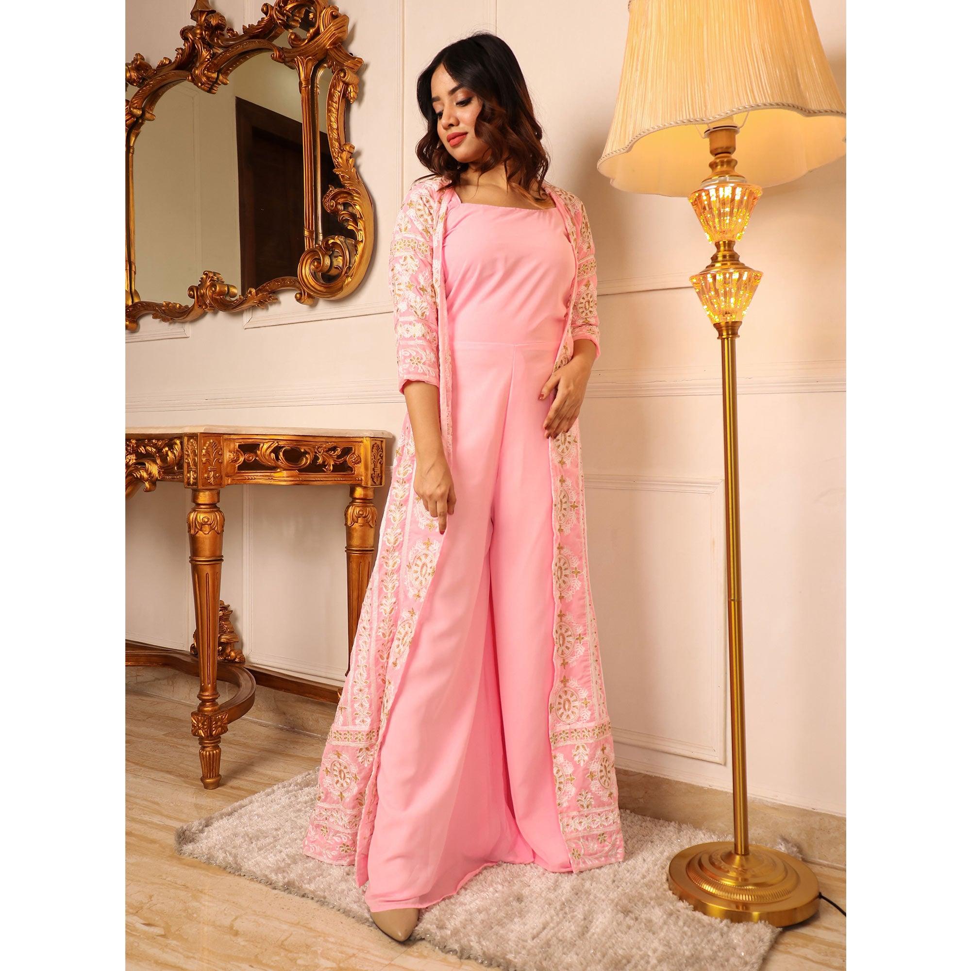 Pink Solid Georgette Jumpsuit With Embroidered Jacket - Peachmode