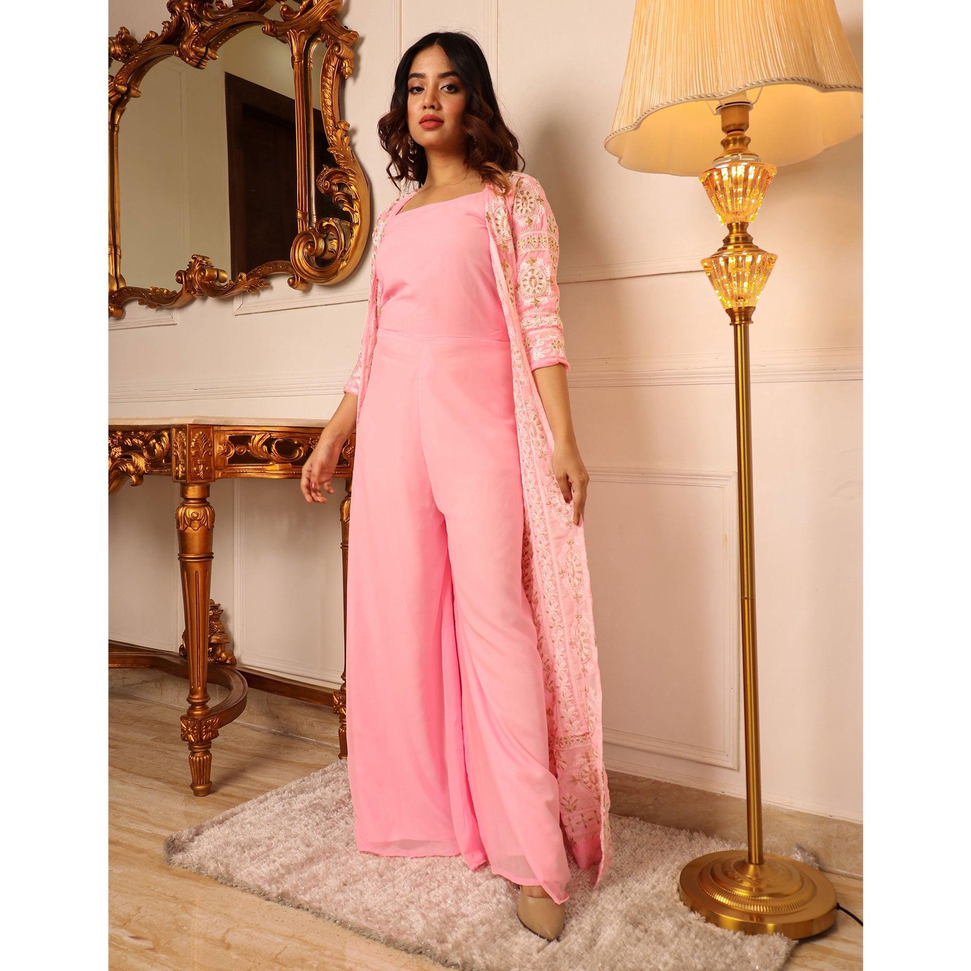 Pink Solid Georgette Jumpsuit With Embroidered Jacket - Peachmode