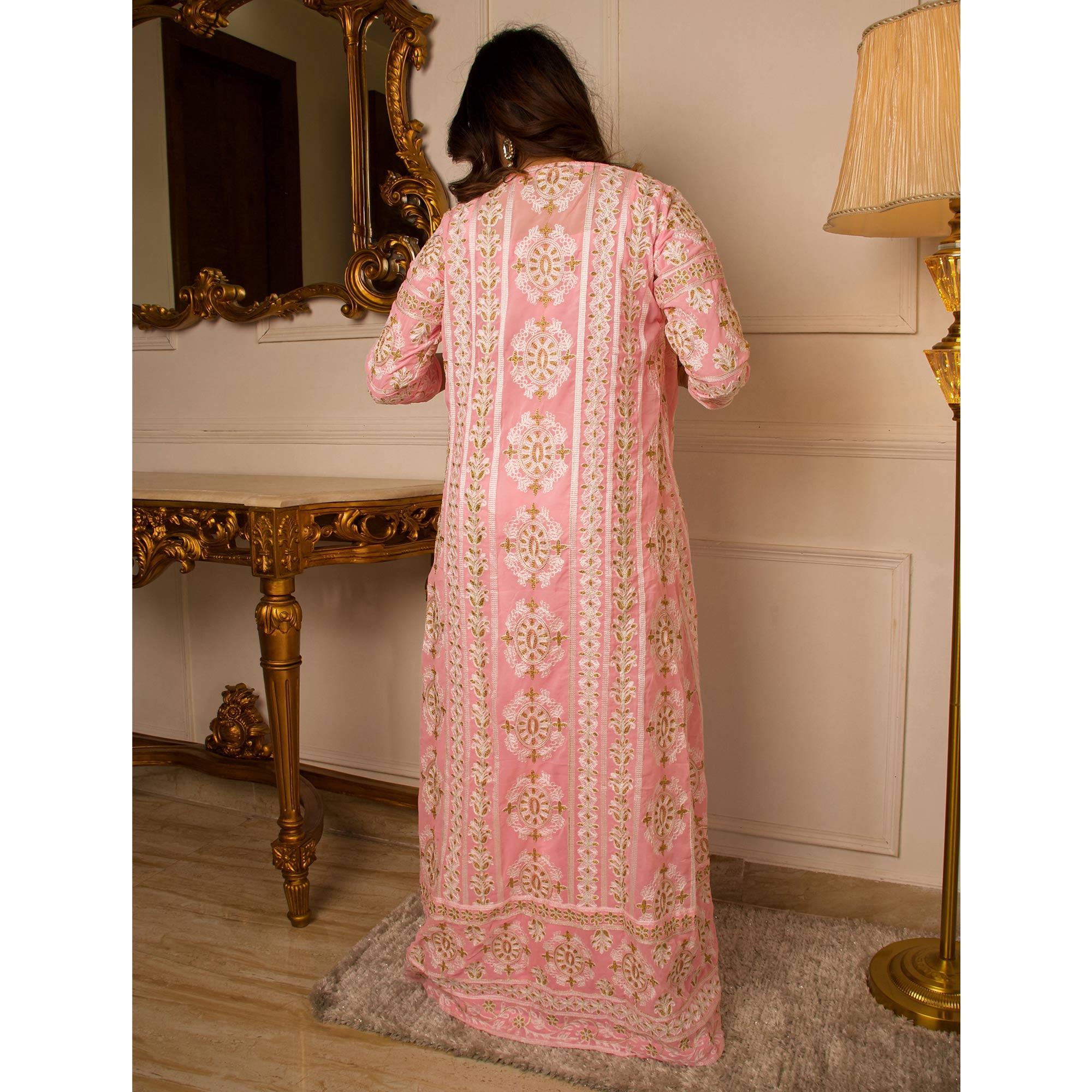 Pink Solid Georgette Jumpsuit With Embroidered Jacket - Peachmode