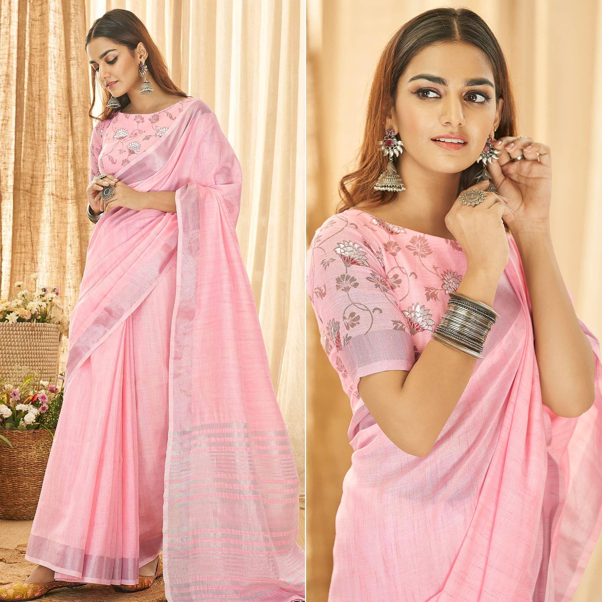 Pink Solid Linen Saree - Peachmode