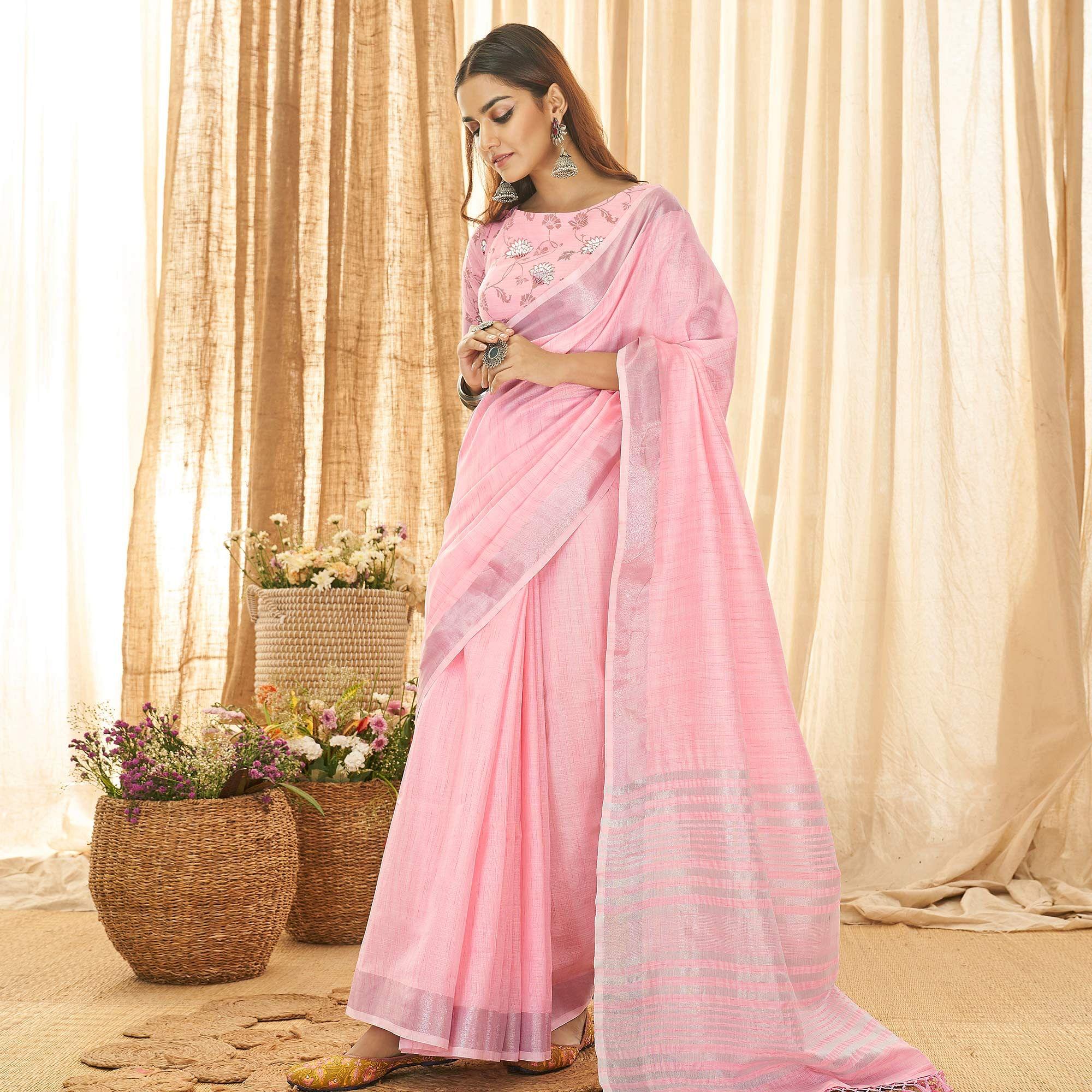 Pink Solid Linen Saree - Peachmode