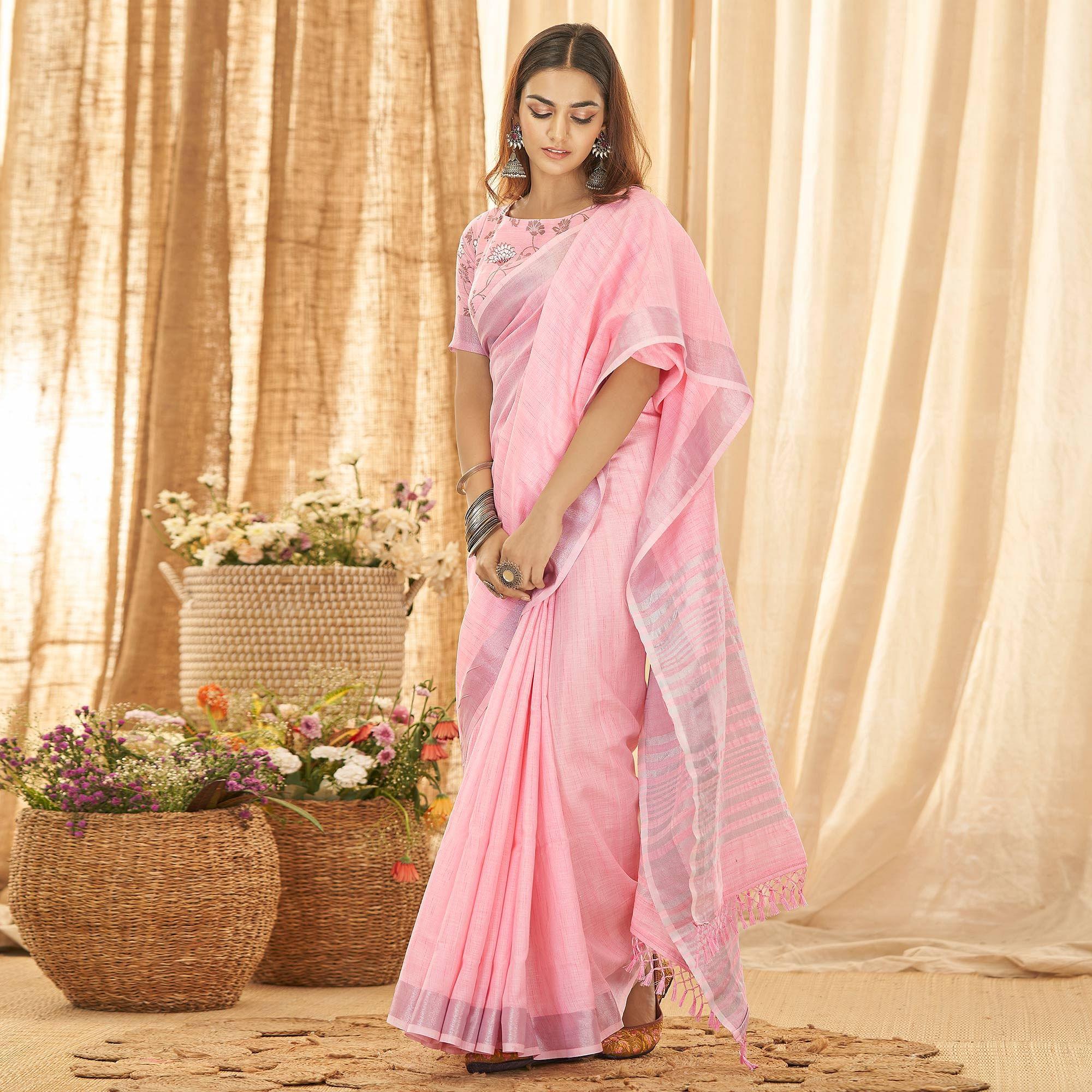 Pink Solid Linen Saree - Peachmode