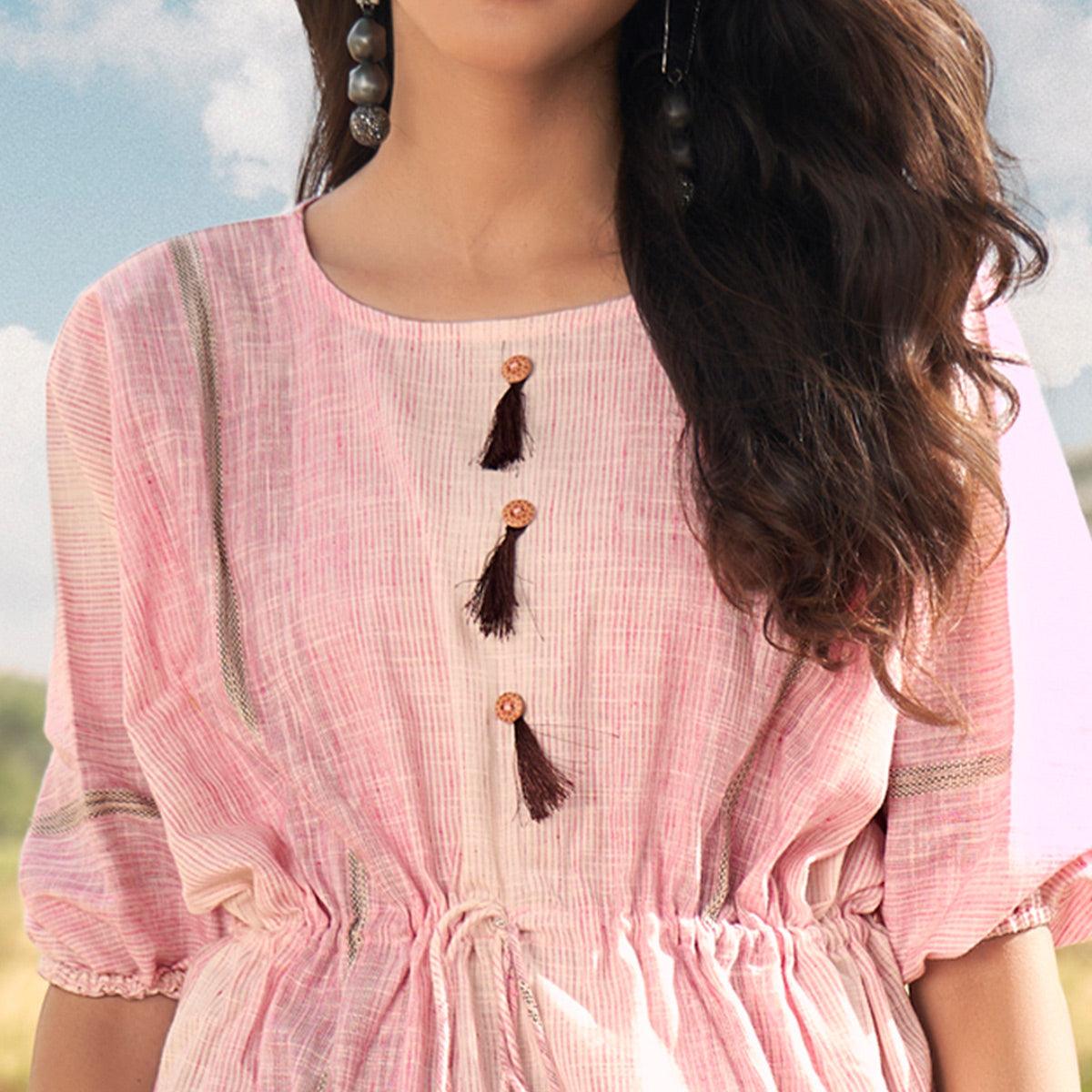 Pink Solid Poly Cotton Top Bottom Set - Peachmode