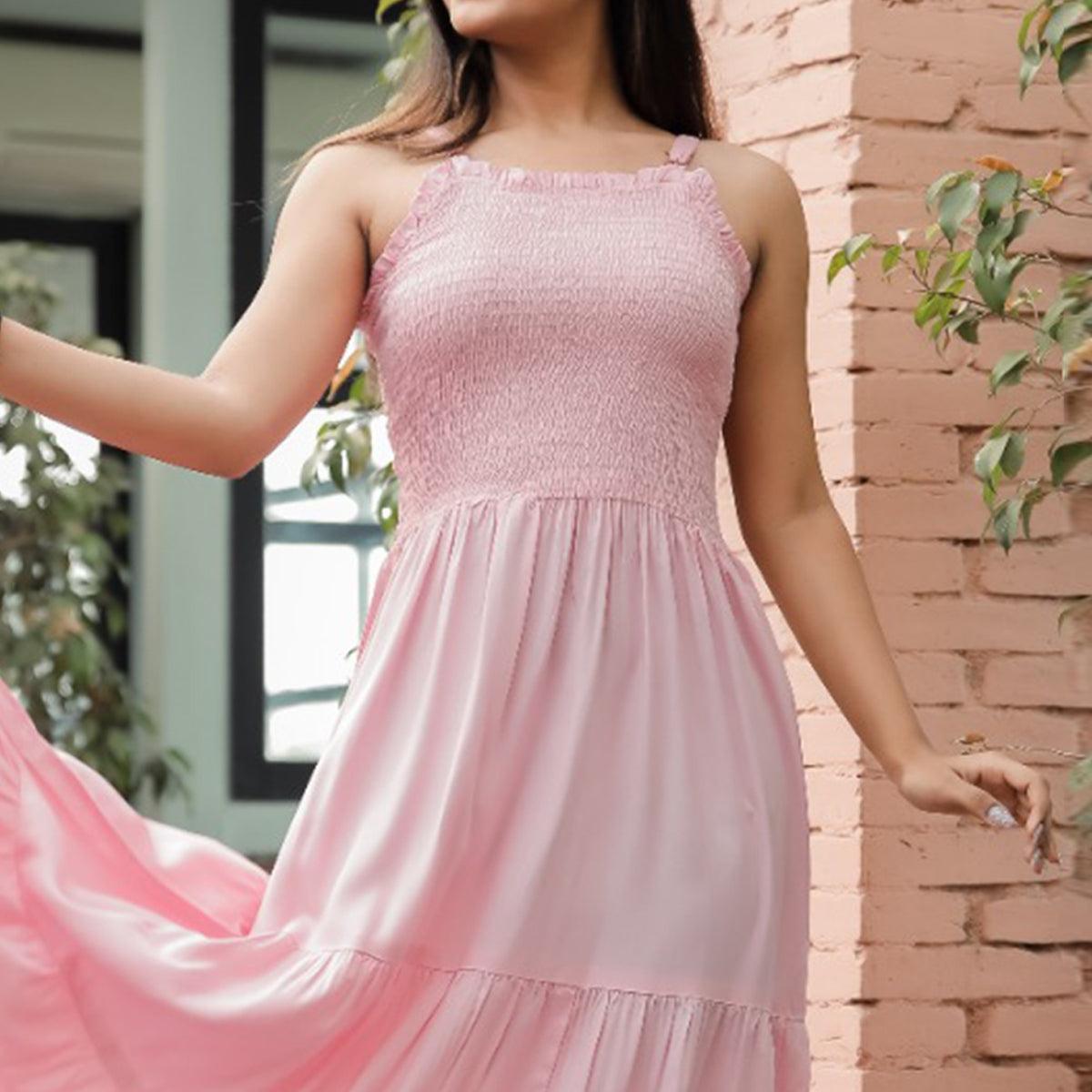 Pink Solid Rayon Dress - Peachmode