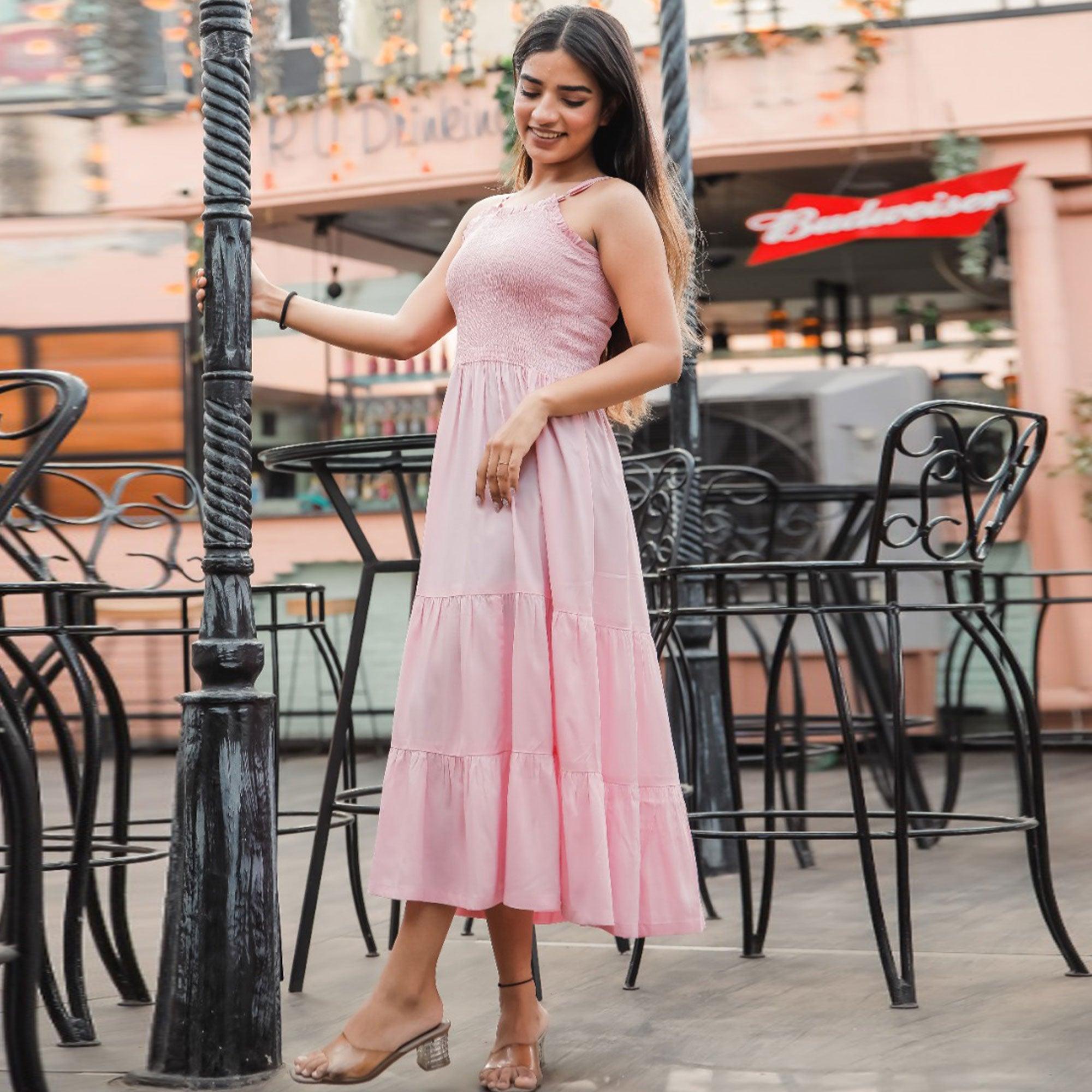 Pink Solid Rayon Dress - Peachmode