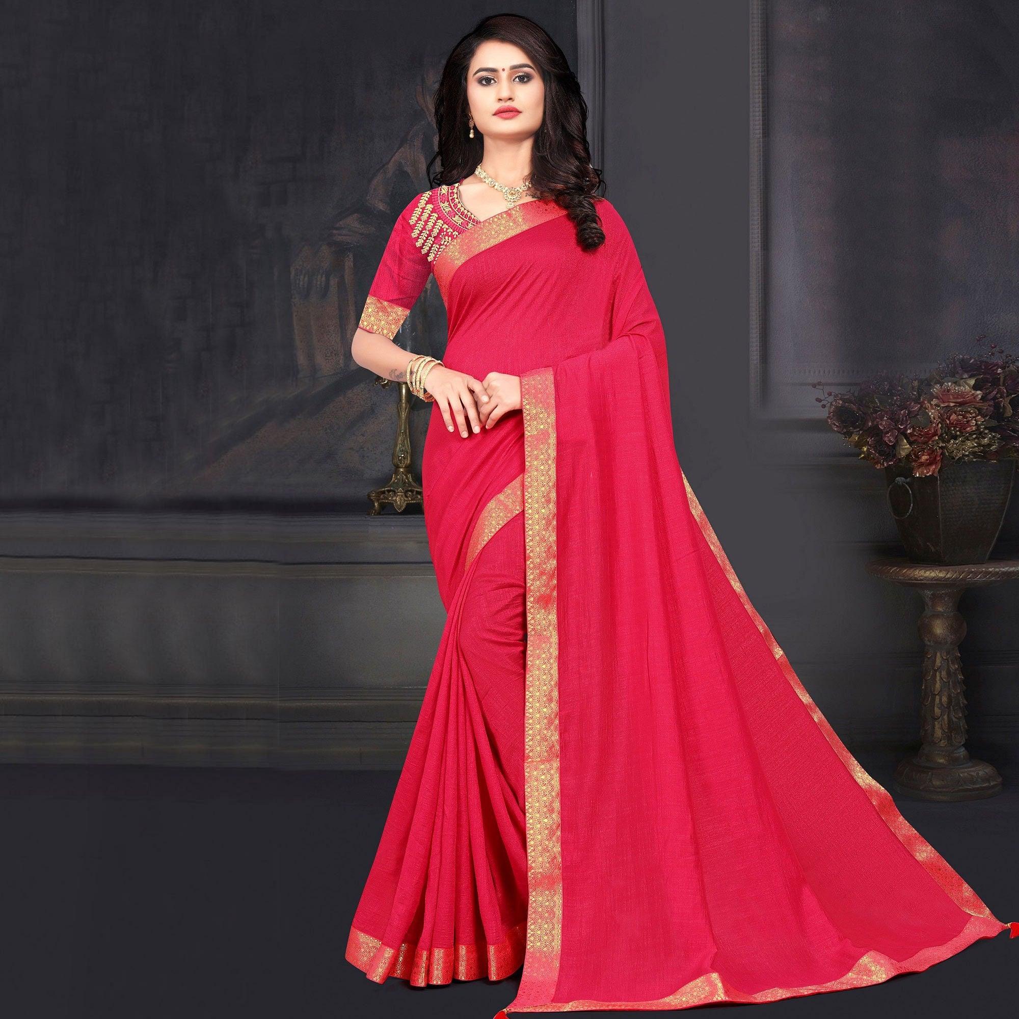 Pink Solid Vichitra Silk Saree - Peachmode