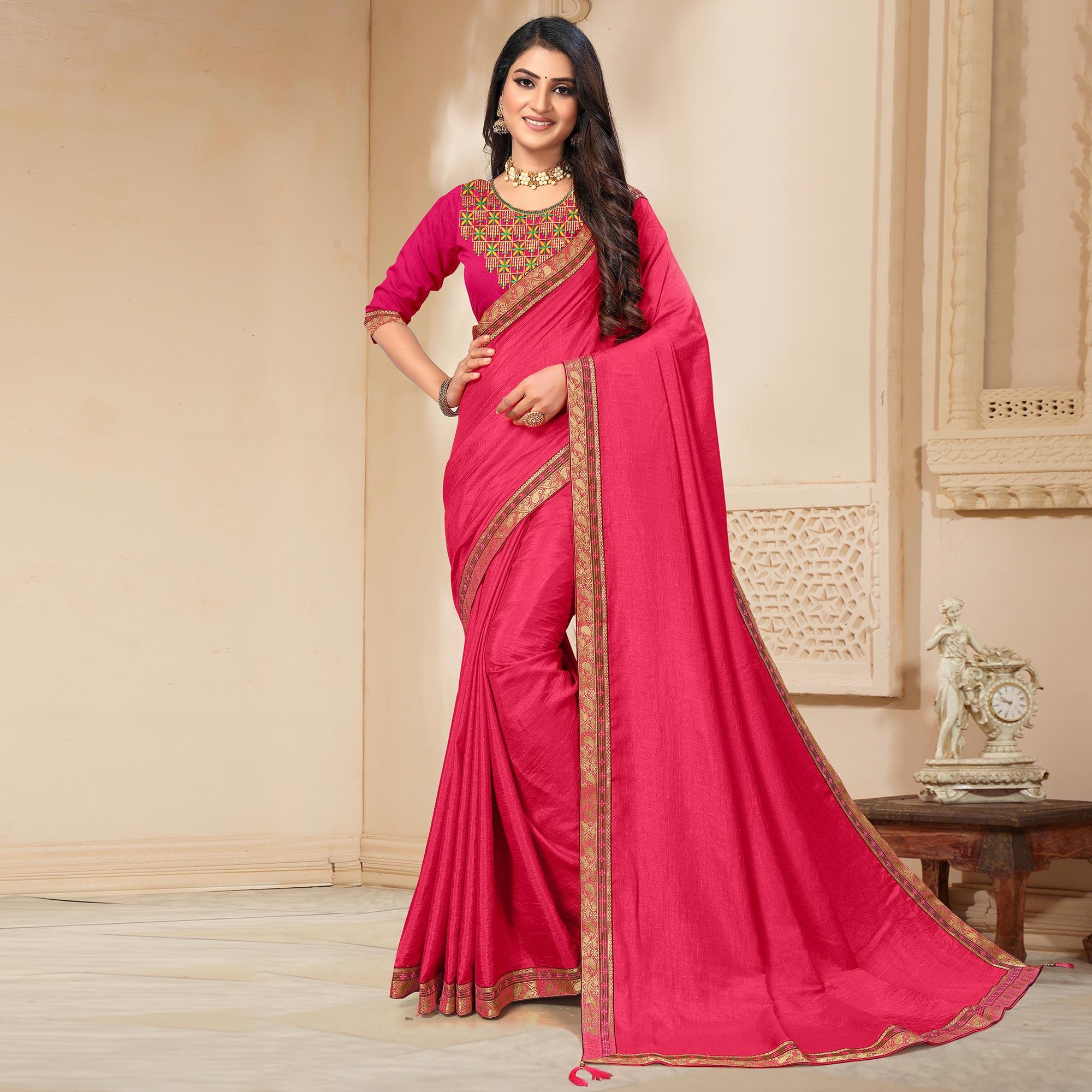 Pink Solid Vichitra Silk Saree - Peachmode