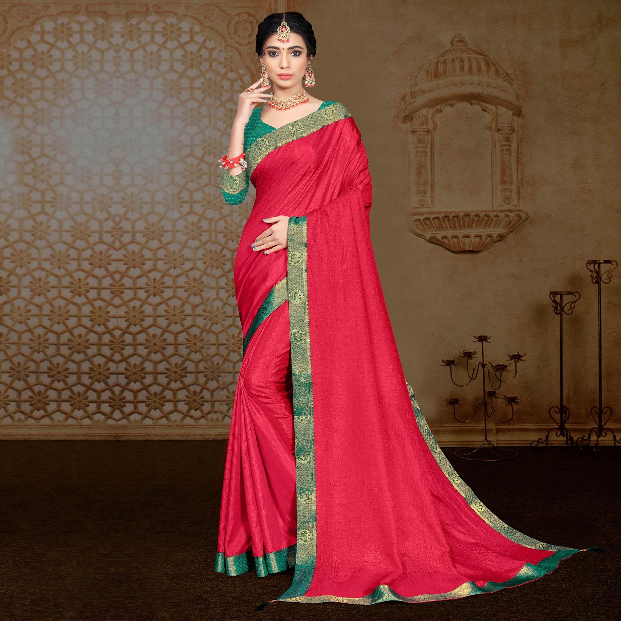 Pink Solid Vichitra Silk Saree - Peachmode
