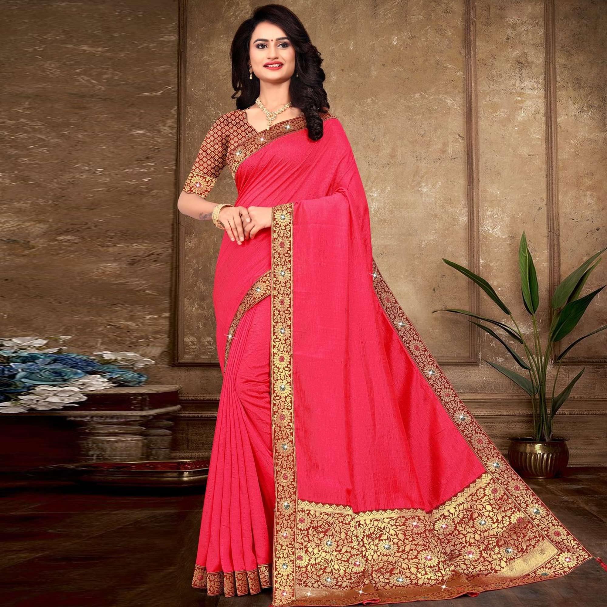 Pink Solid Vichitra Silk Saree - Peachmode