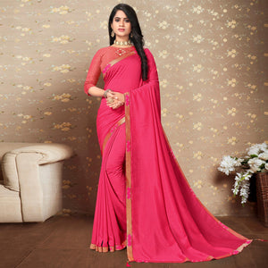 Pink Solid Vichitra Silk Saree - Peachmode