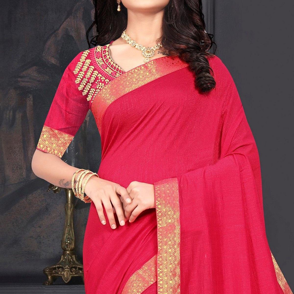 Pink Solid Vichitra Silk Saree - Peachmode
