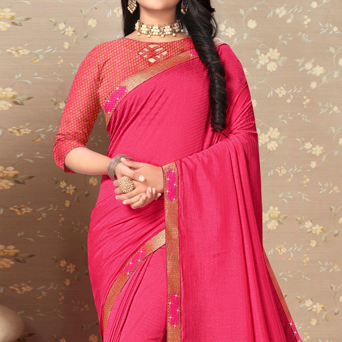 Pink Solid Vichitra Silk Saree - Peachmode