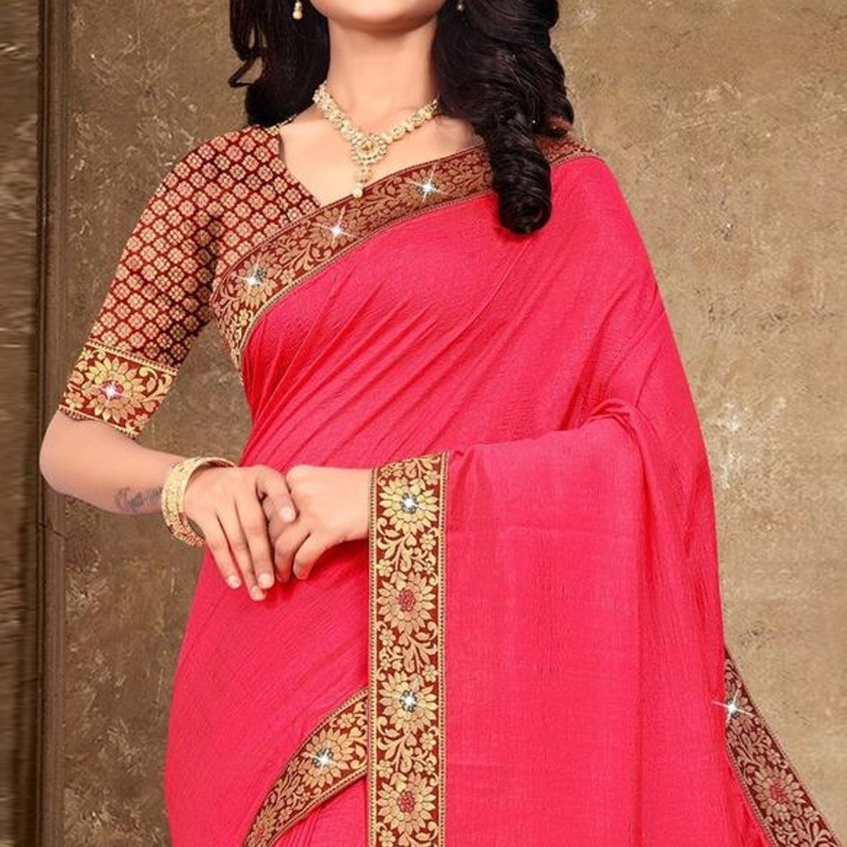 Pink Solid Vichitra Silk Saree - Peachmode