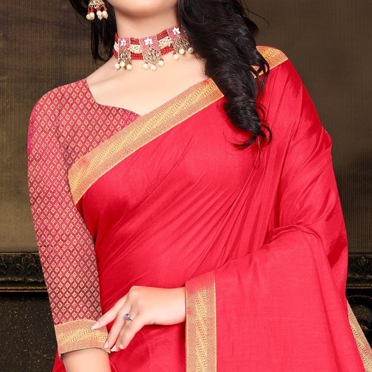 Pink Solid Vichitra Silk Saree - Peachmode