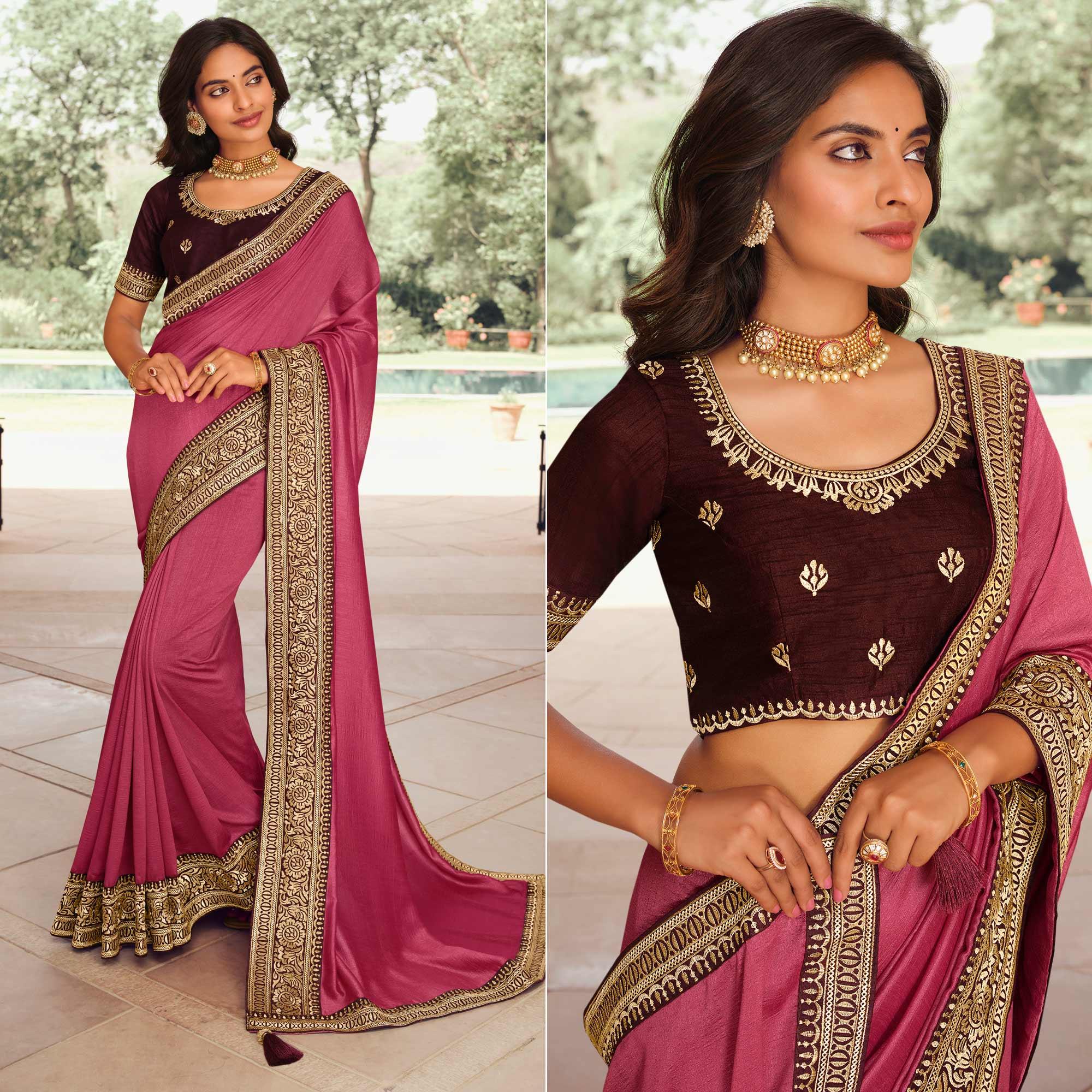 Pink Solid Vichitra Silk Saree With Tassels - Peachmode