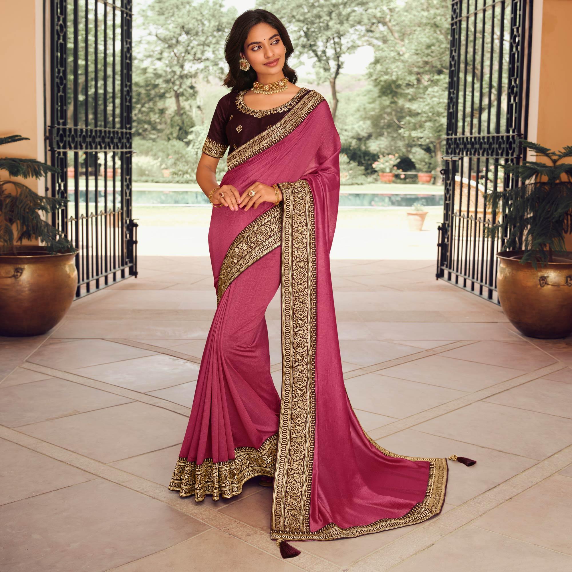 Pink Solid Vichitra Silk Saree With Tassels - Peachmode