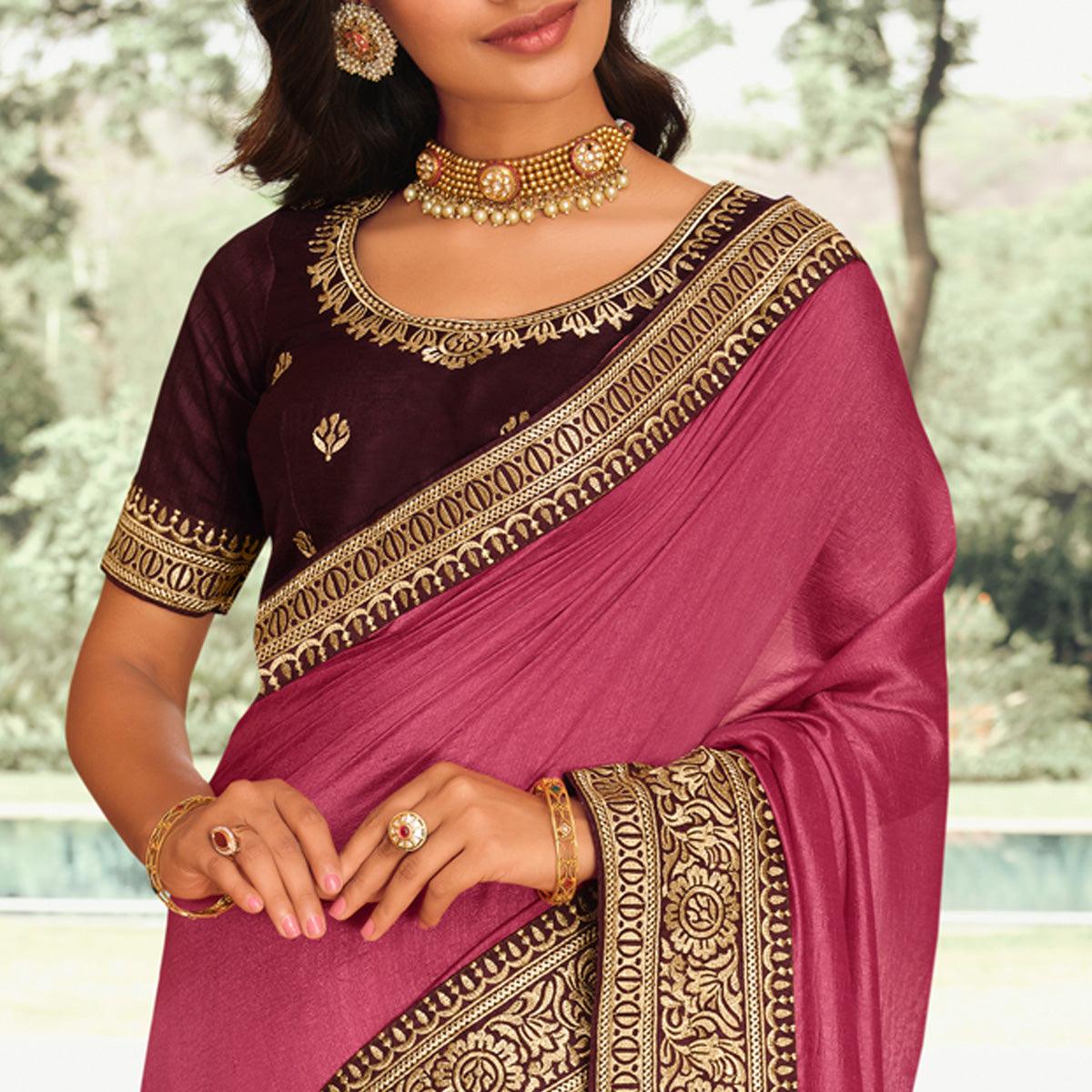 Pink Solid Vichitra Silk Saree With Tassels - Peachmode