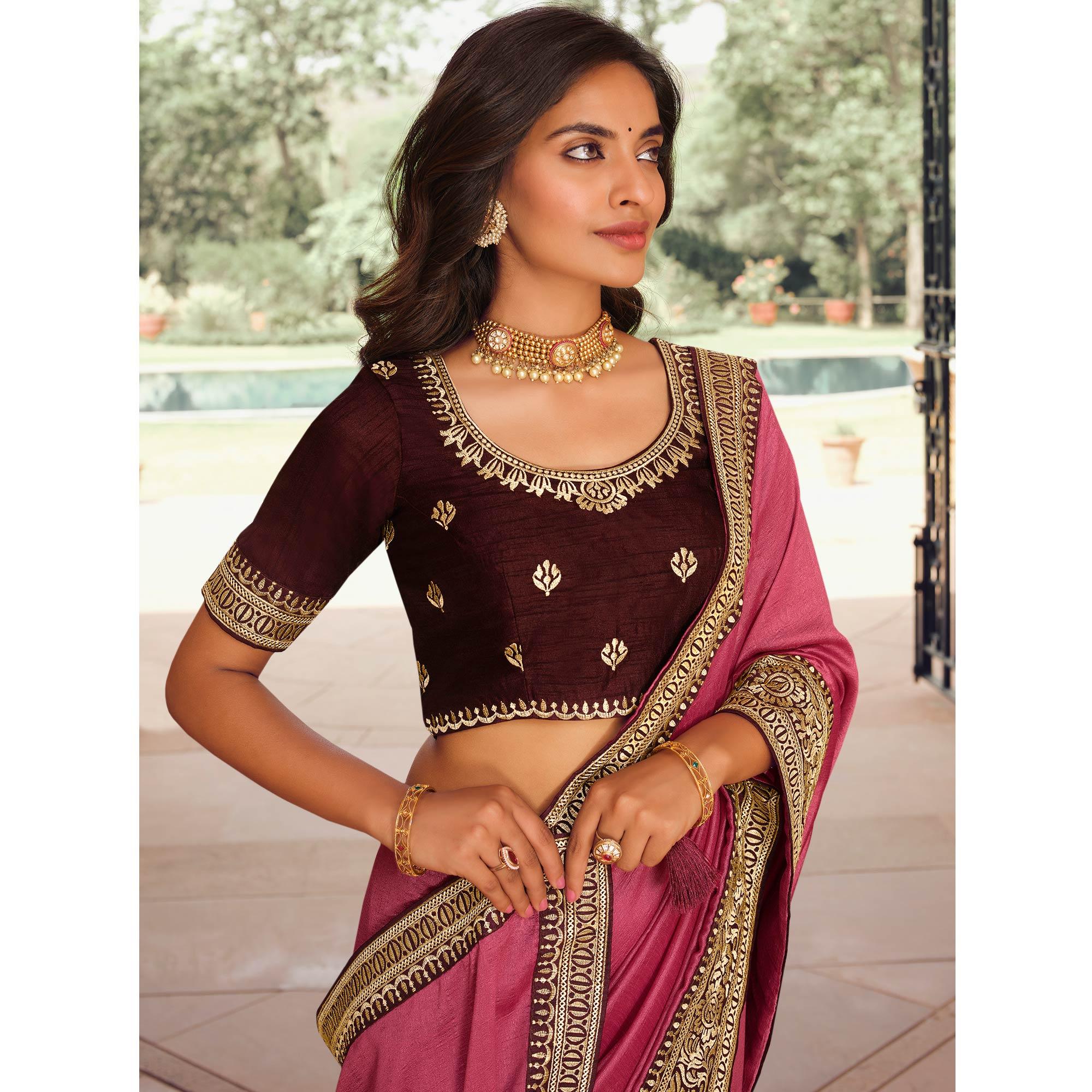 Pink Solid Vichitra Silk Saree With Tassels - Peachmode