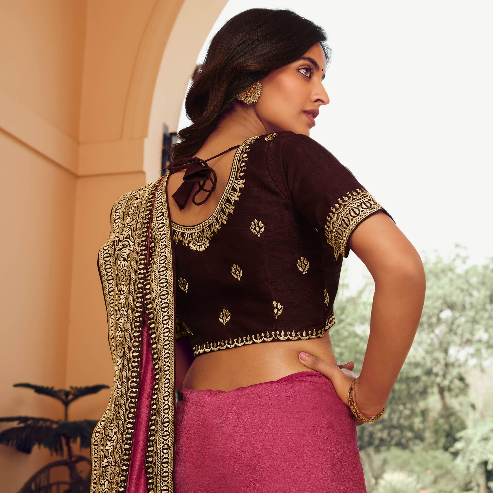 Pink Solid Vichitra Silk Saree With Tassels - Peachmode
