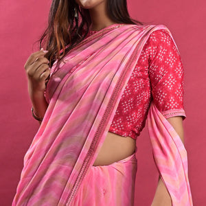 Pink Stripe Printed Chiffon Saree - Peachmode