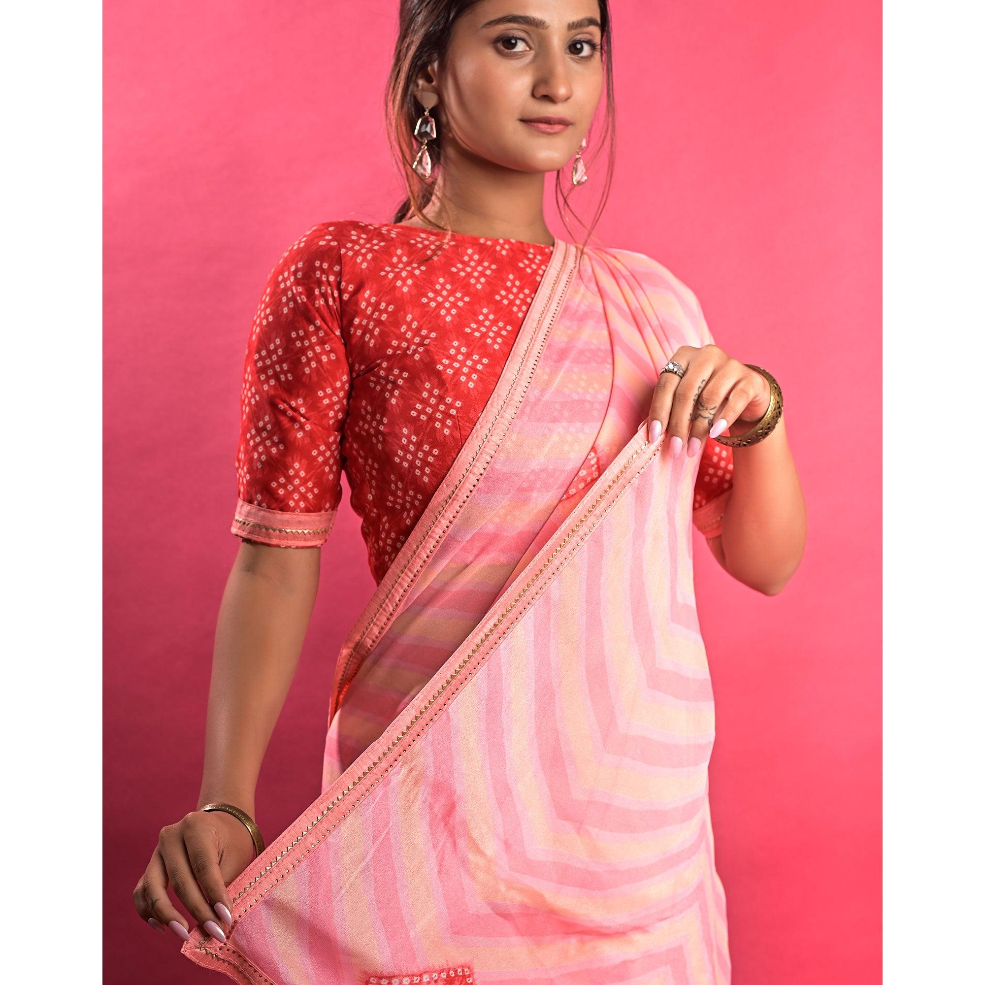 Pink Stripe Printed Chiffon Saree - Peachmode