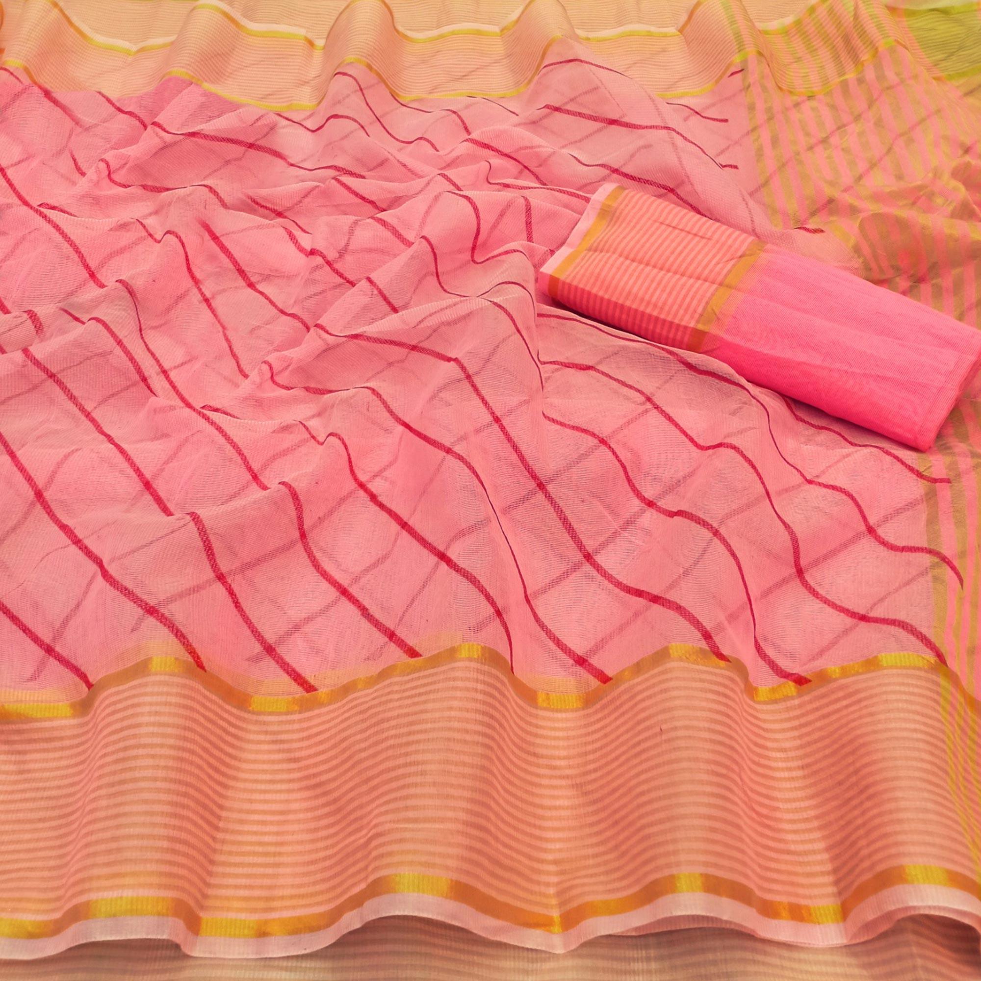 Pink Stripe Printed Kota Doria Saree With Tassels - Peachmode