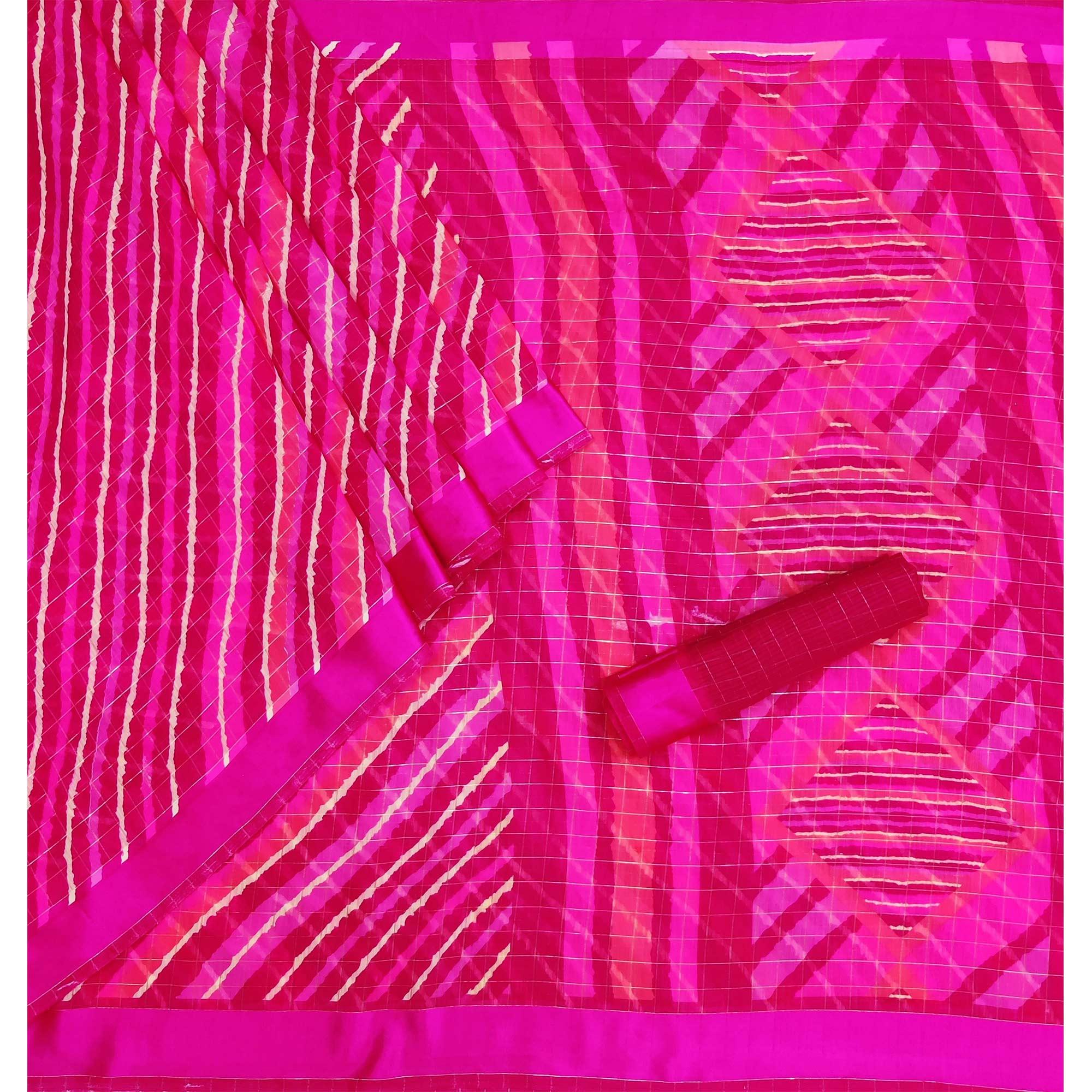 Pink Stripe Printed Linen Saree - Peachmode