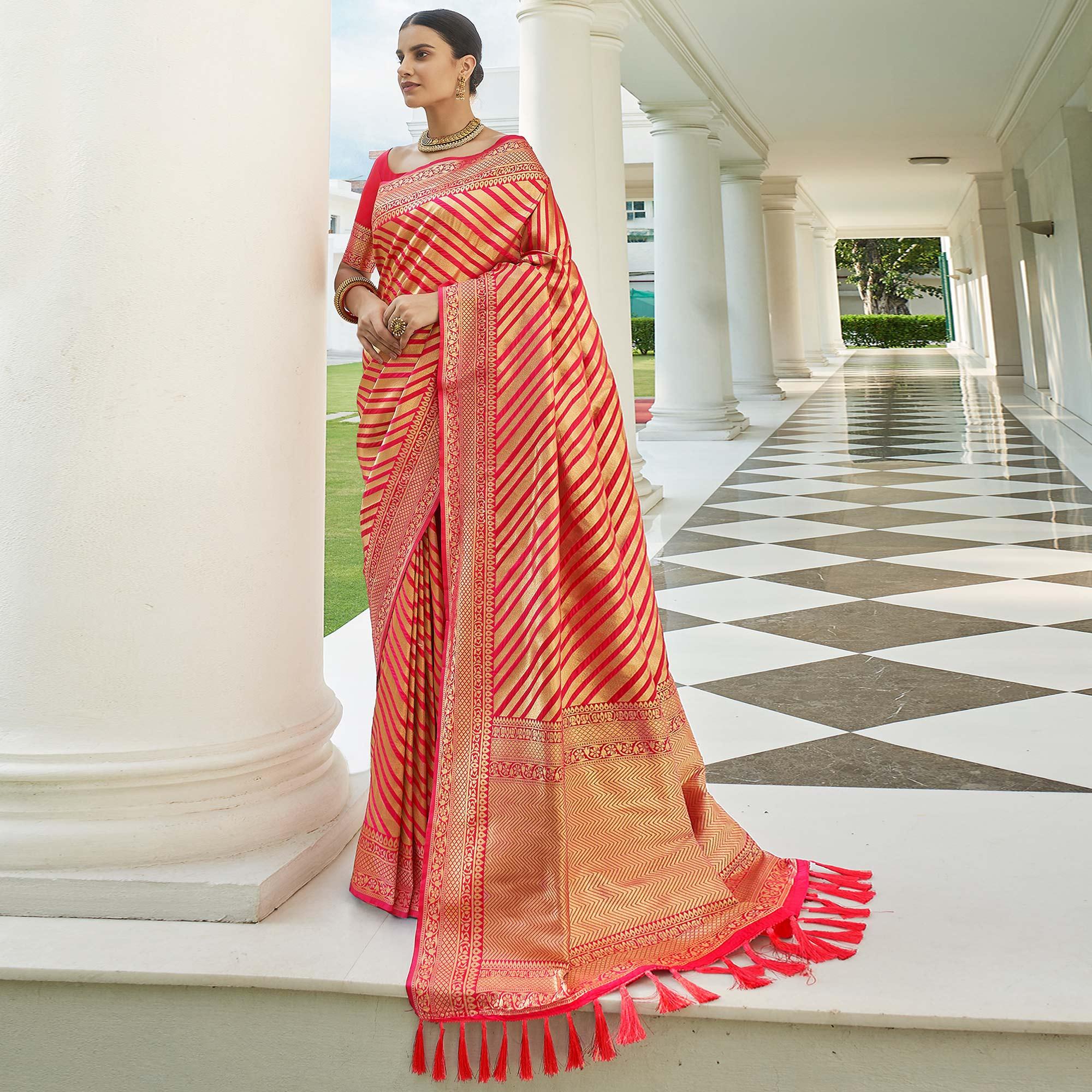 Pink Stripe Printed Pure Silk Saree With Tassels - Peachmode