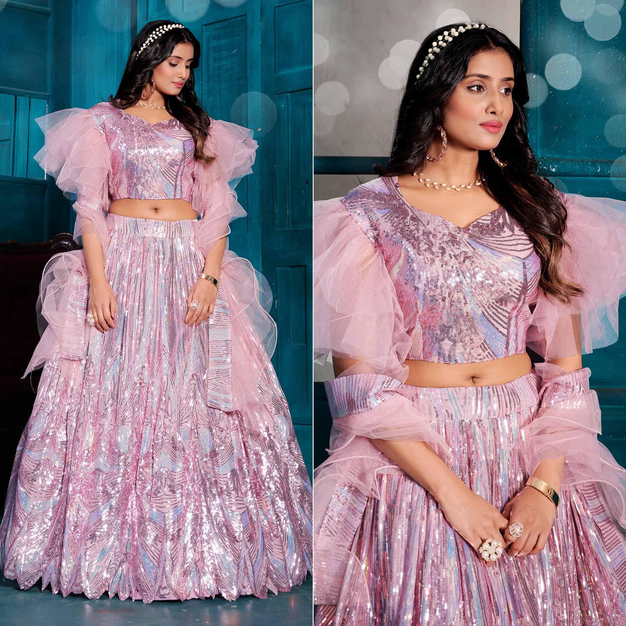 Pink-Violet Sequence Embroidered With Stonework Art Silk Lehenga Choli - Peachmode