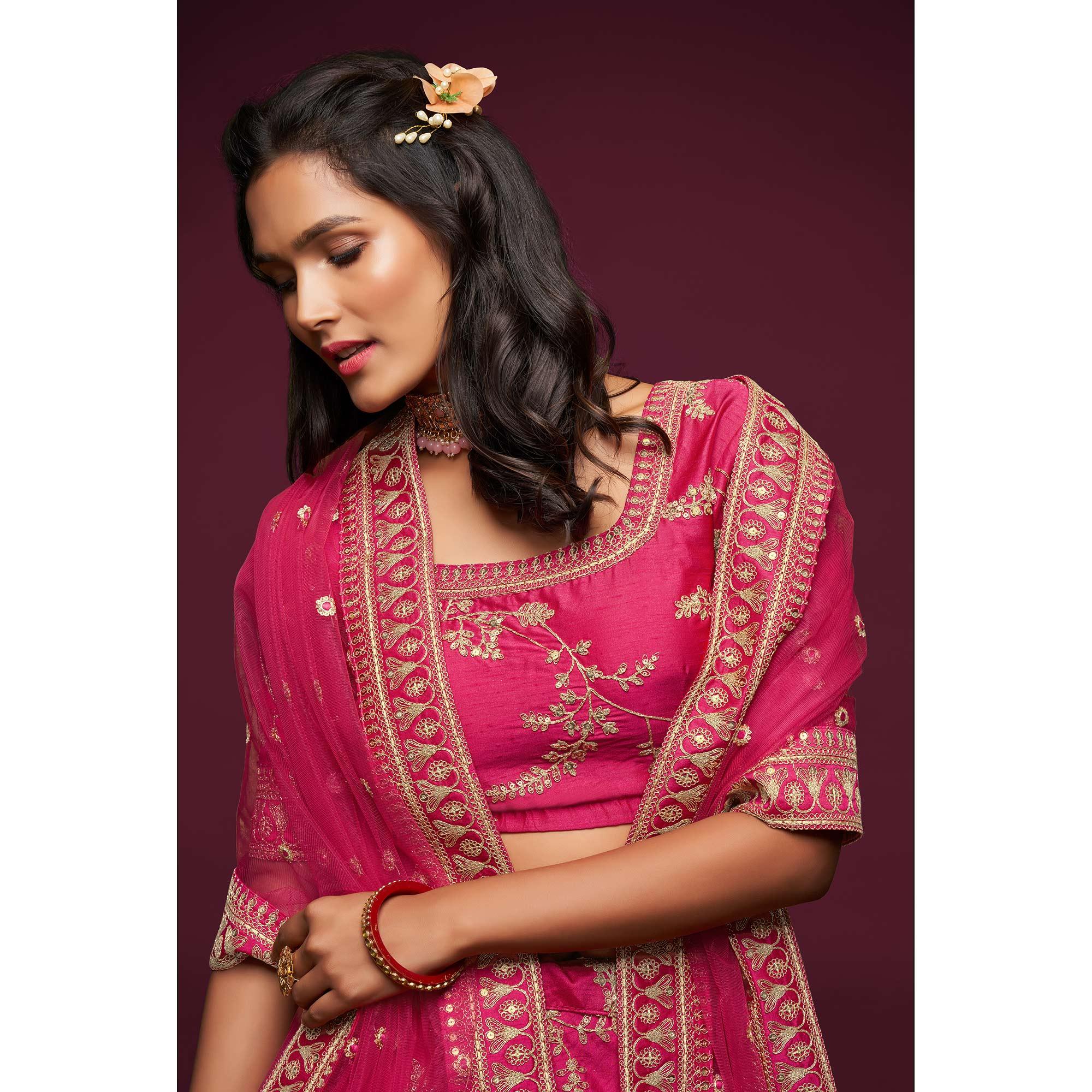 Pink Wedding Floral Sequins Embroidered Art Silk Lehenga Choli - Peachmode