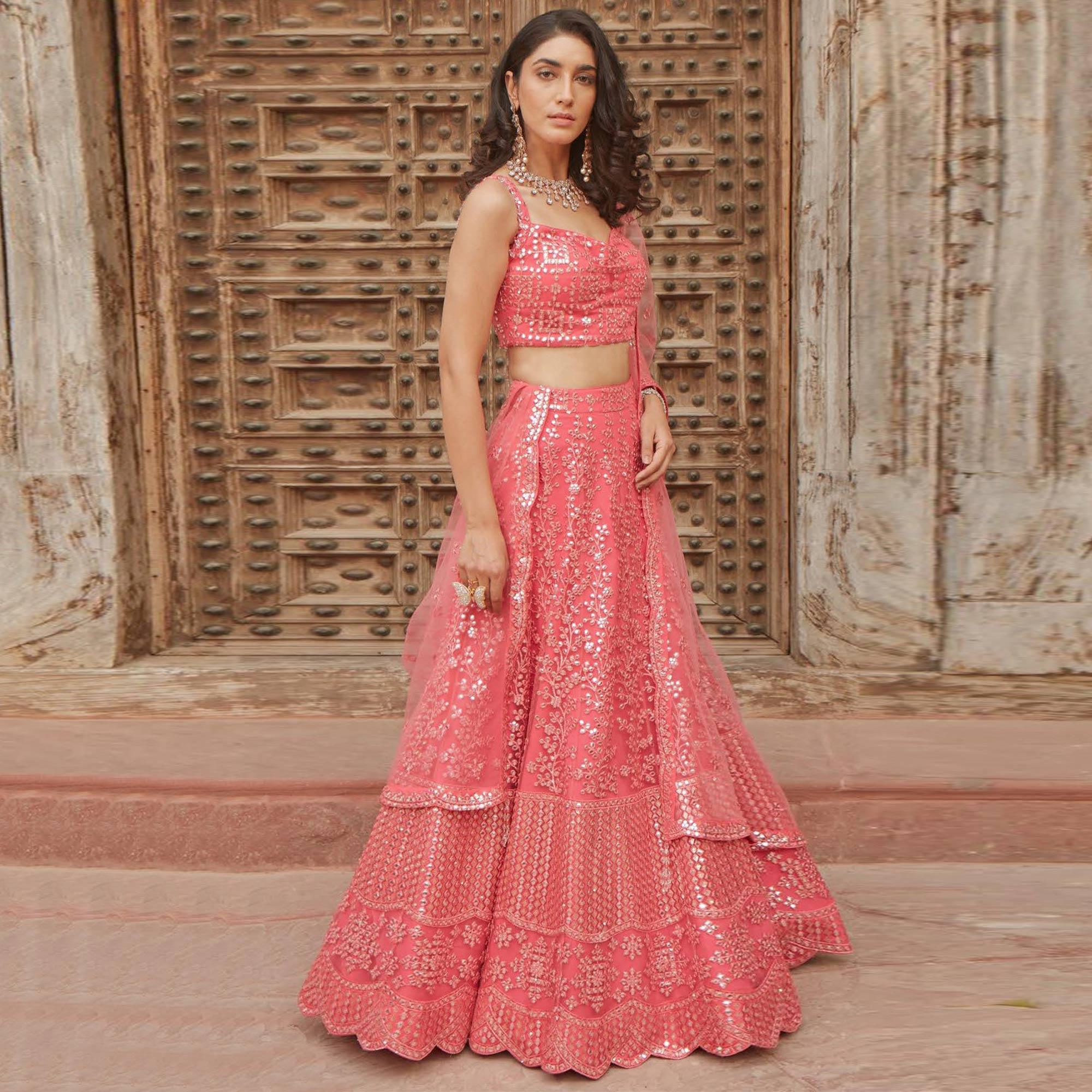 Pink Wedding Wear Designer Embroidered Organza Lahenga Choli - Peachmode