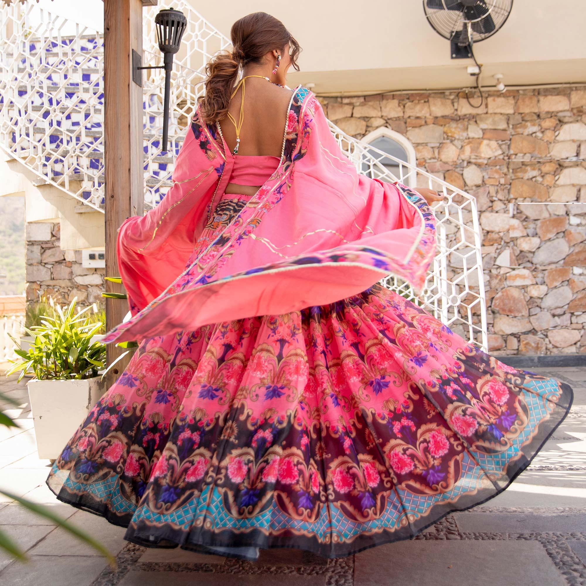 Pink Wedding Wear Designer Floral Prined Chanderi Designer Lehenga Choli - Peachmode