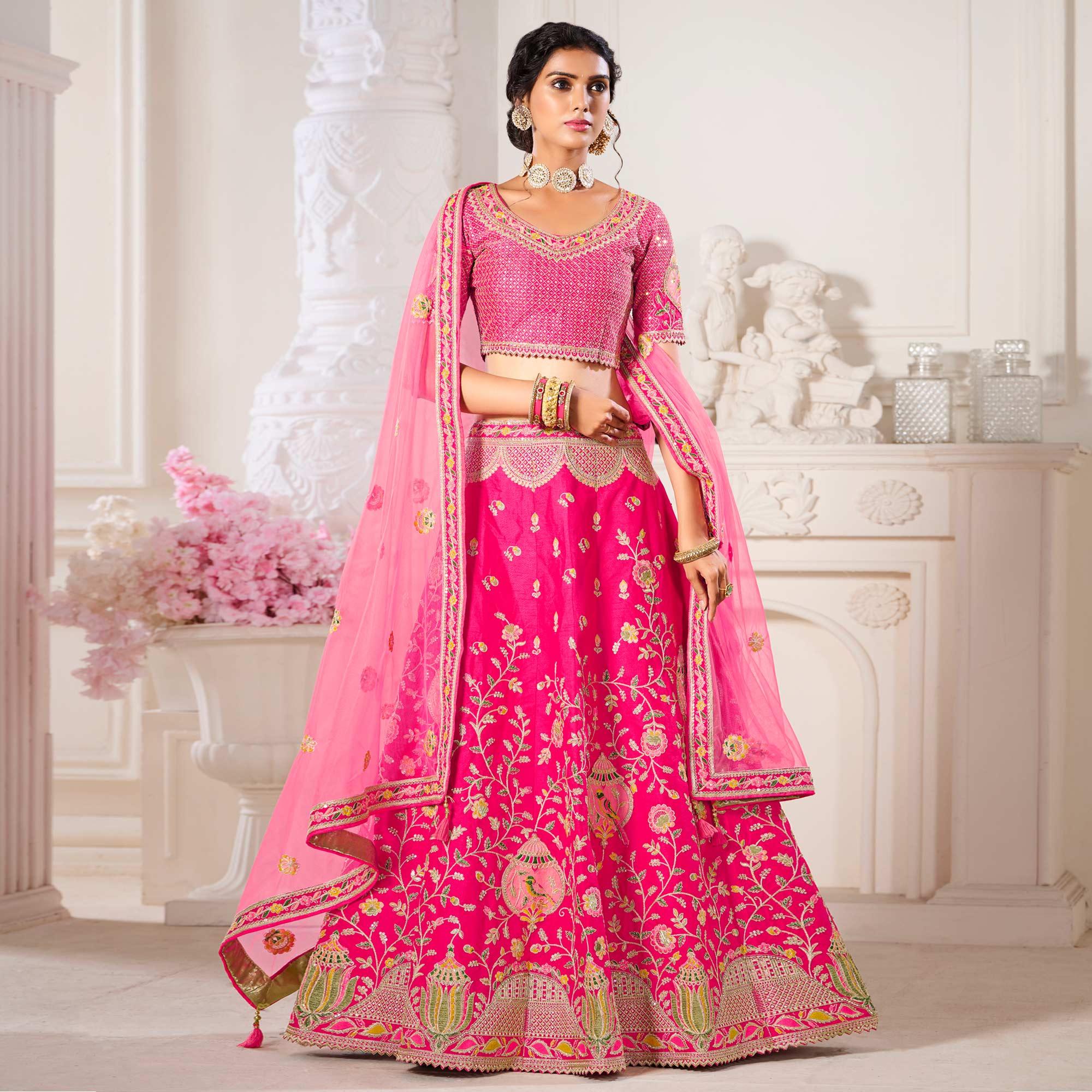 Pink Wedding Wear Embroidered Silk Lehenga Choli - Peachmode
