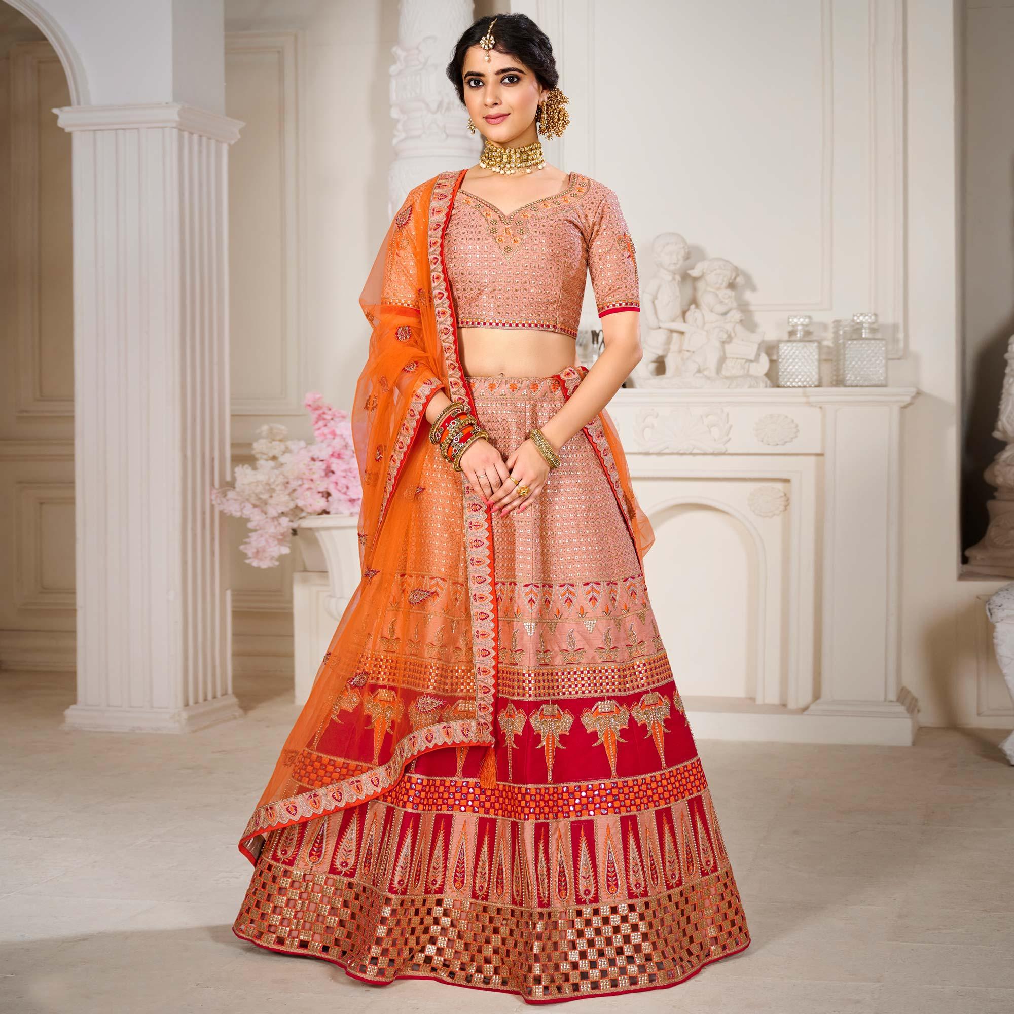 Pink Wedding Wear Embroidered Silk Lehenga Choli - Peachmode