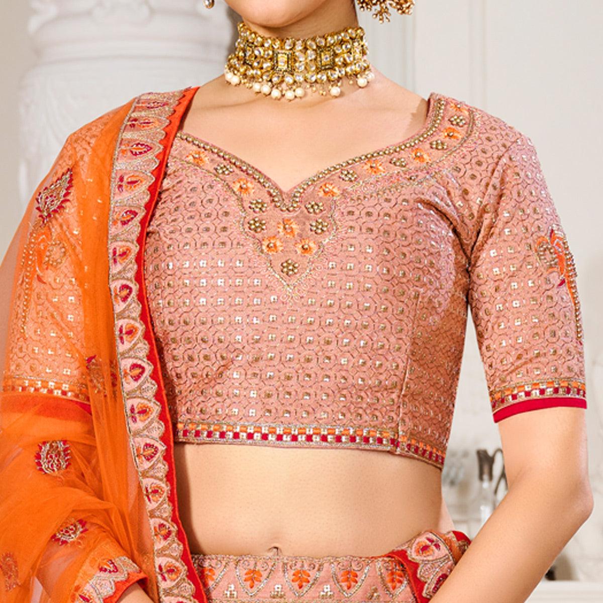 Pink Wedding Wear Embroidered Silk Lehenga Choli - Peachmode