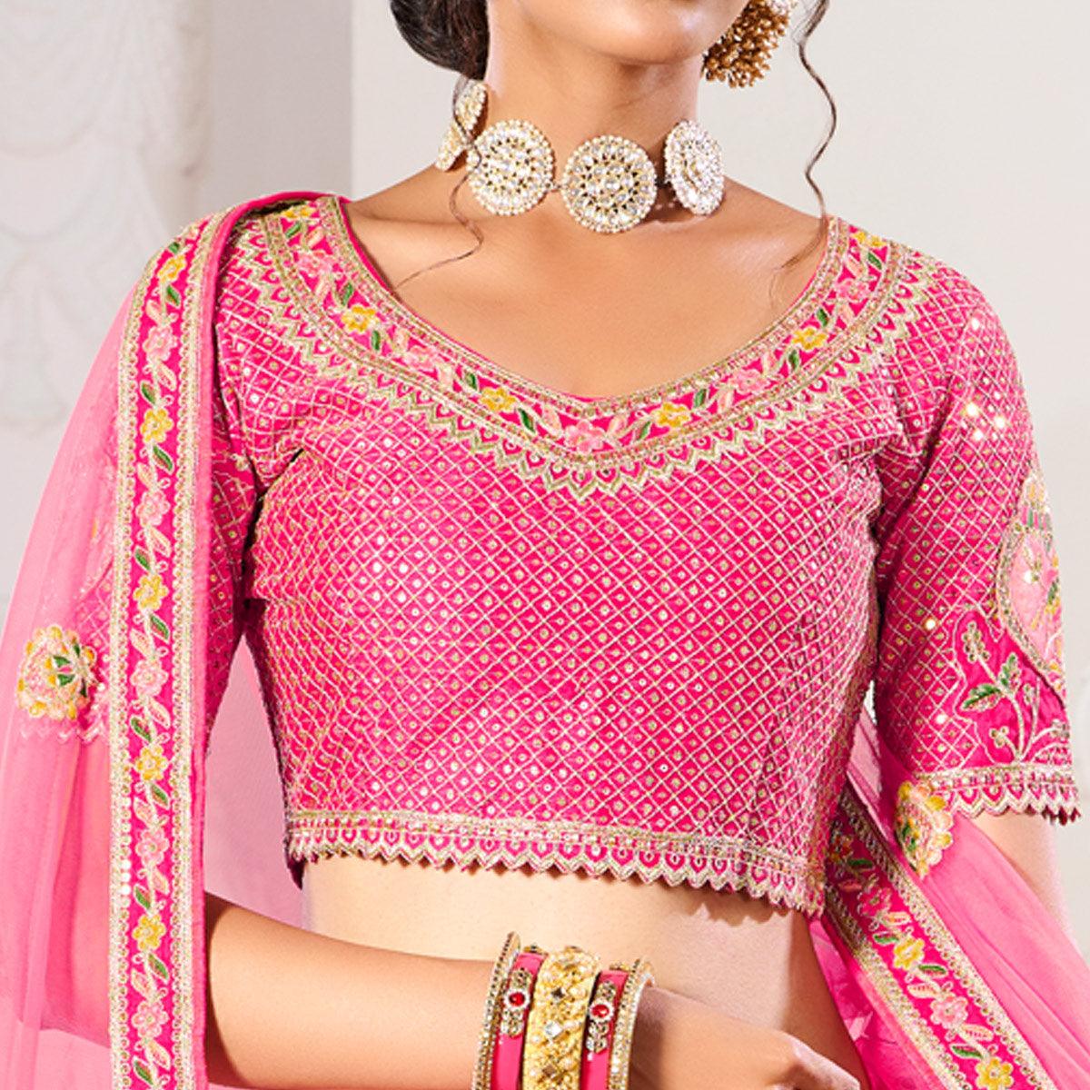 Pink Wedding Wear Embroidered Silk Lehenga Choli - Peachmode