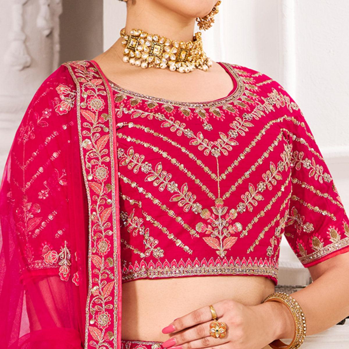 Pink Wedding Wear Embroidered Silk Lehenga Choli - Peachmode
