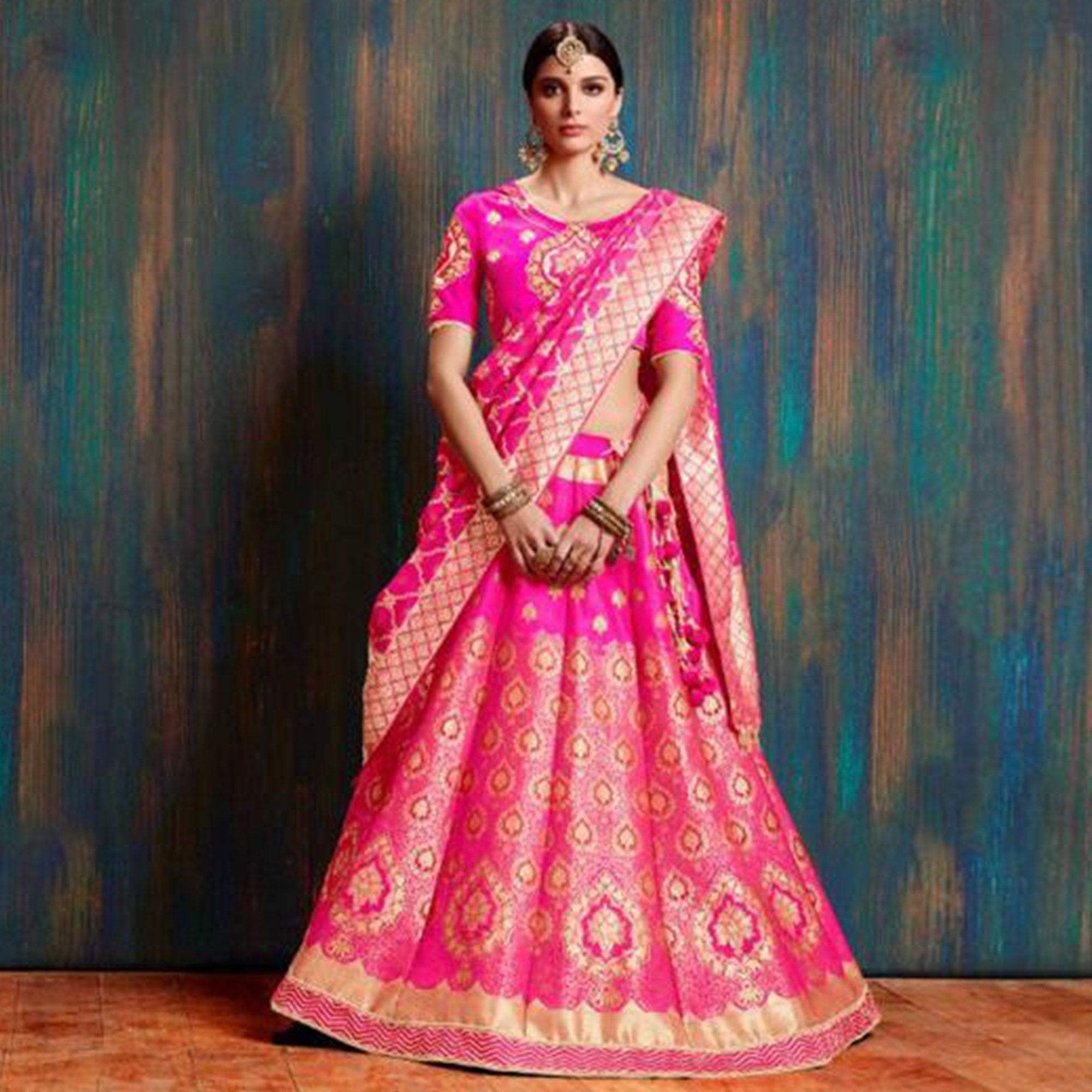 Pink Wedding Wear Floral Embroidery Pure Banarasi Silk Lehenga Choli - Peachmode