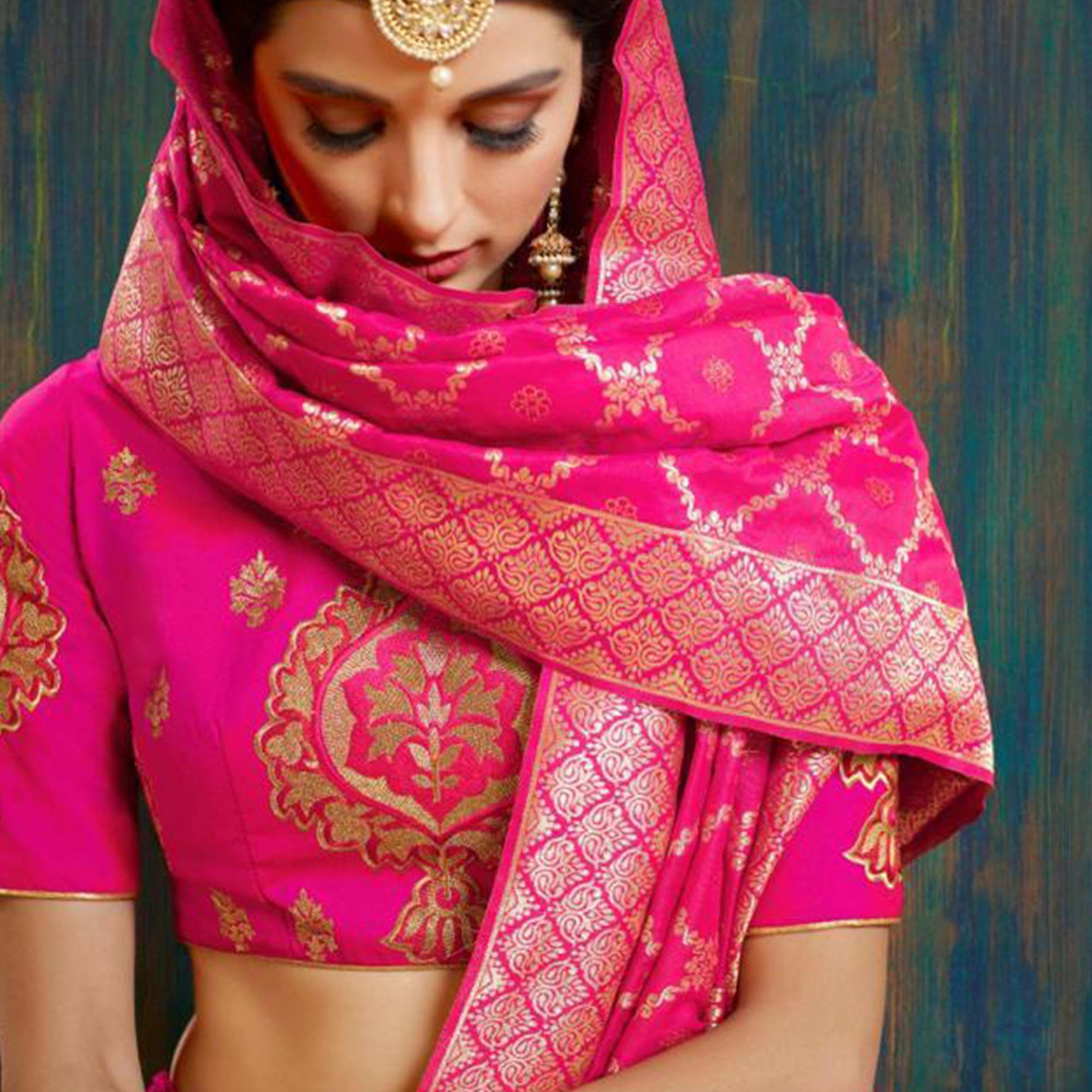 Pink Wedding Wear Floral Embroidery Pure Banarasi Silk Lehenga Choli - Peachmode