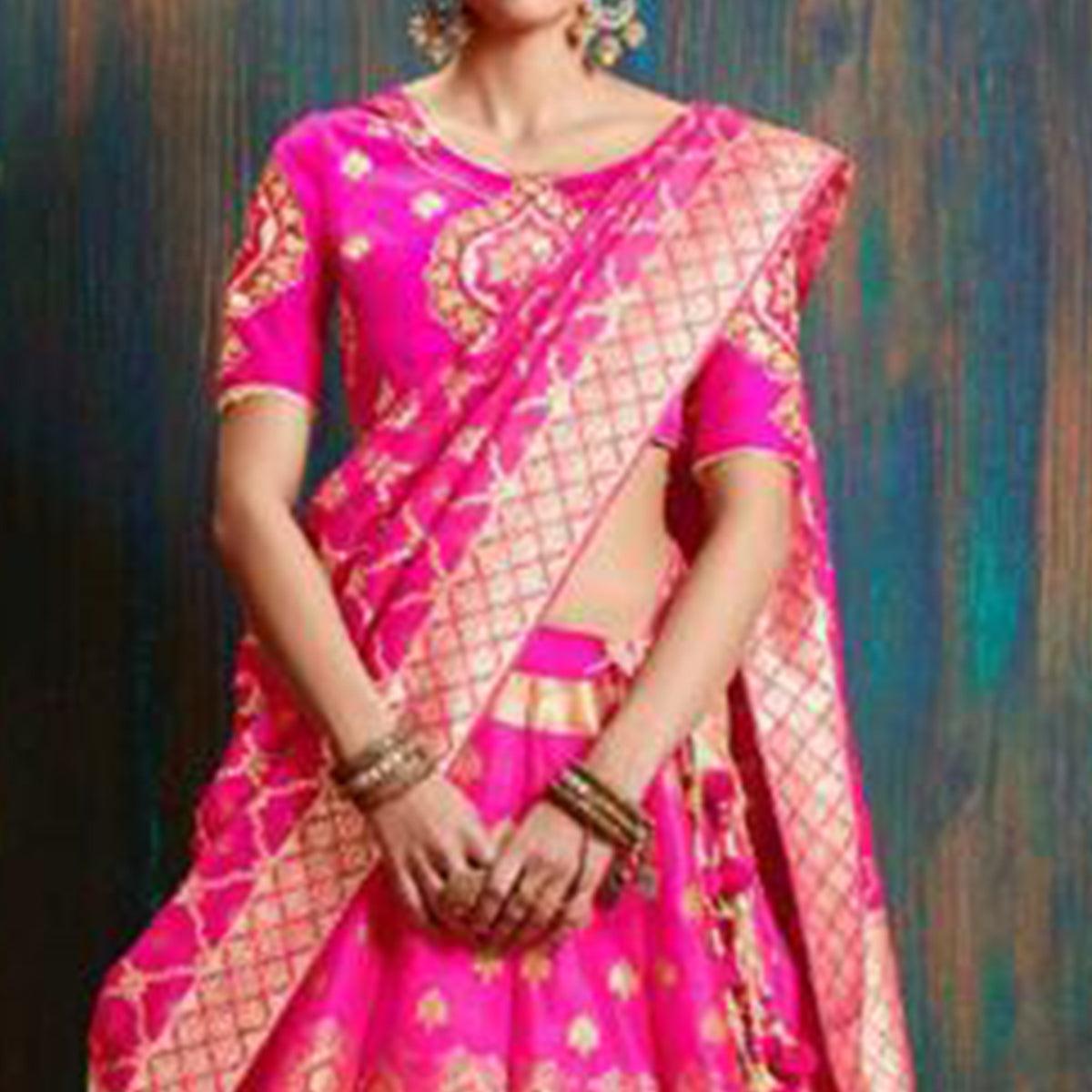 Pink Wedding Wear Floral Embroidery Pure Banarasi Silk Lehenga Choli - Peachmode