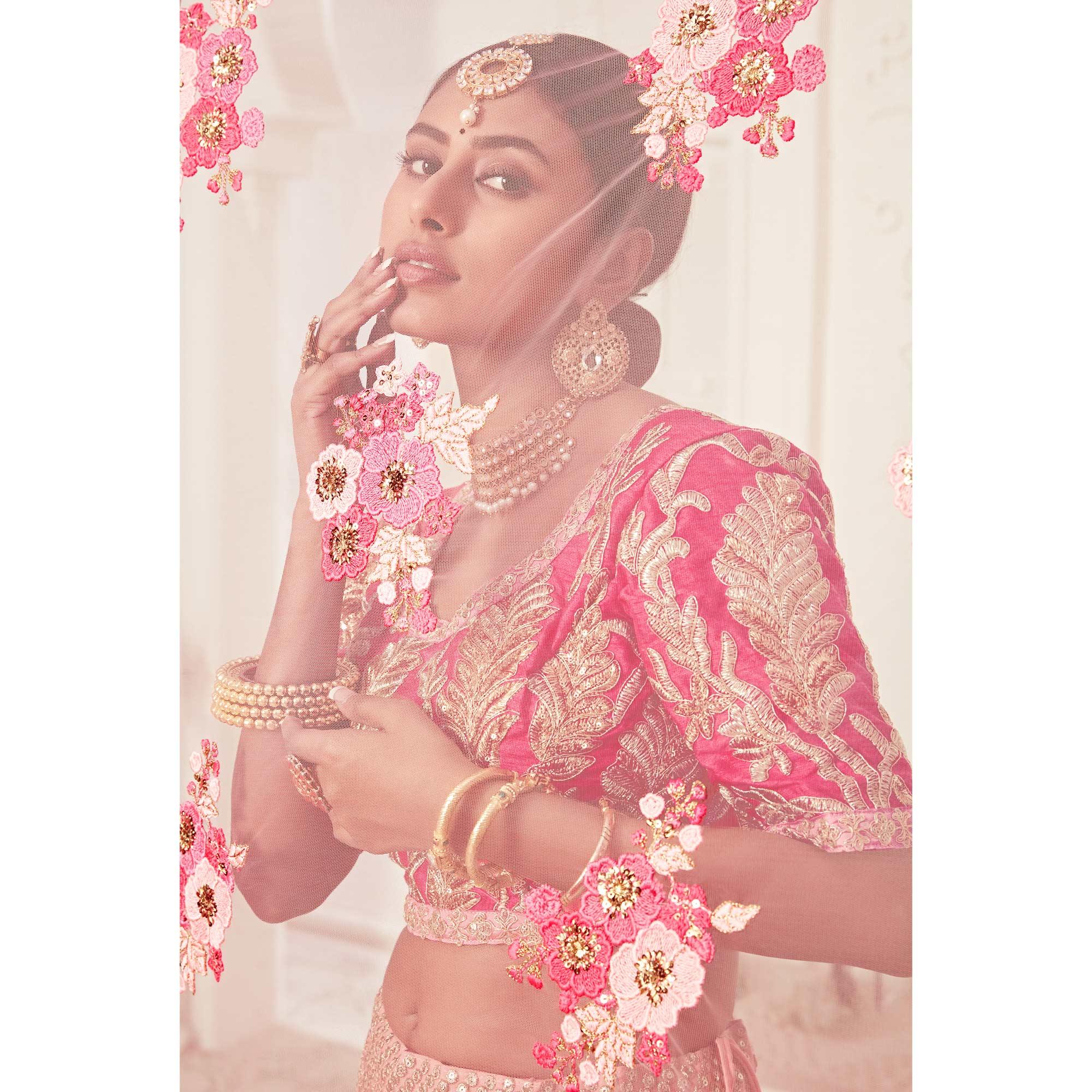 Pink Wedding Wear Floral Sequins Embroidered Soft Net Lehenga Choli - Peachmode