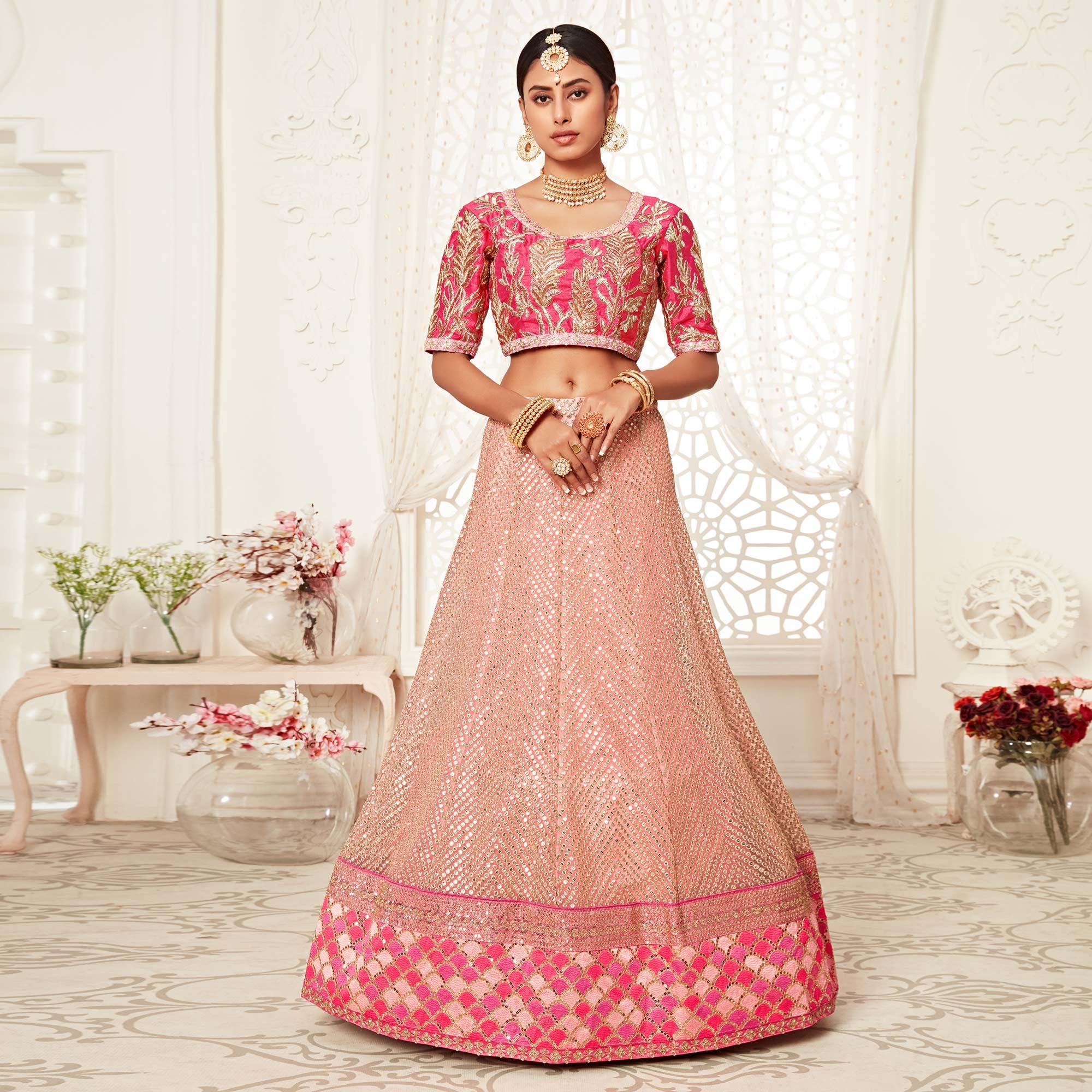 Pink Wedding Wear Floral Sequins Embroidered Soft Net Lehenga Choli - Peachmode