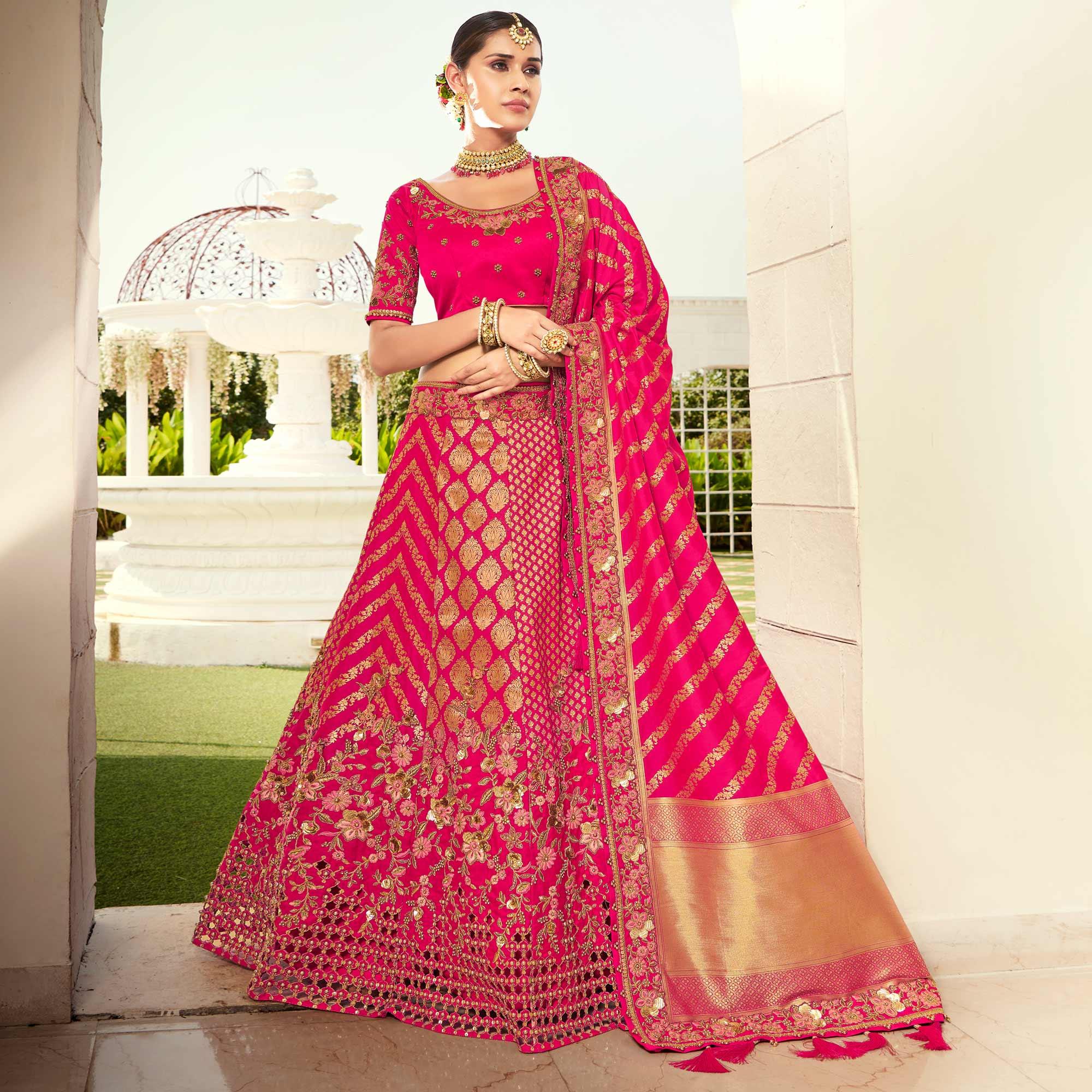 Pink Wedding Wear Heavy Embroidered Banarasi Silk Lehenga Choli - Peachmode