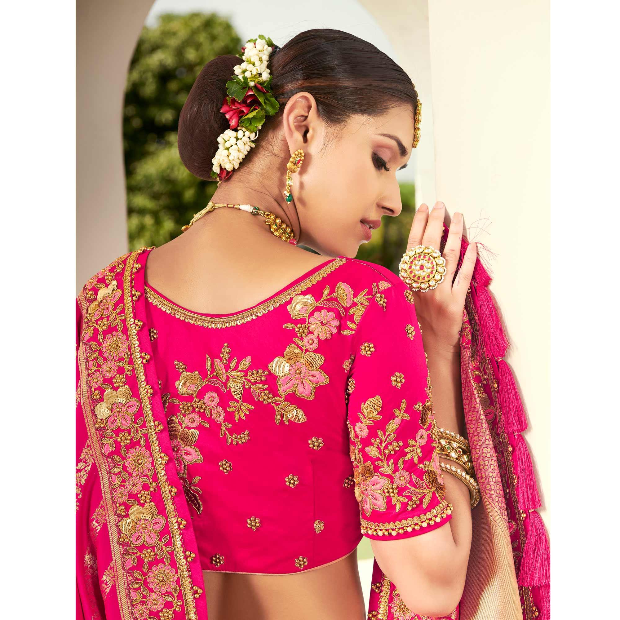 Pink Wedding Wear Heavy Embroidered Banarasi Silk Lehenga Choli - Peachmode