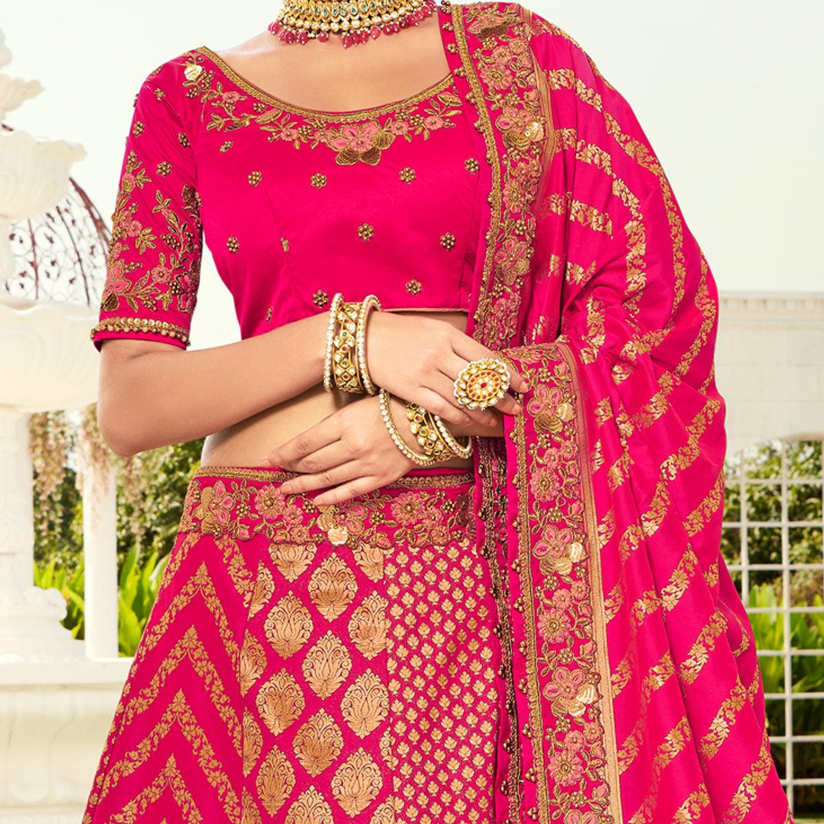 Pink Wedding Wear Heavy Embroidered Banarasi Silk Lehenga Choli - Peachmode