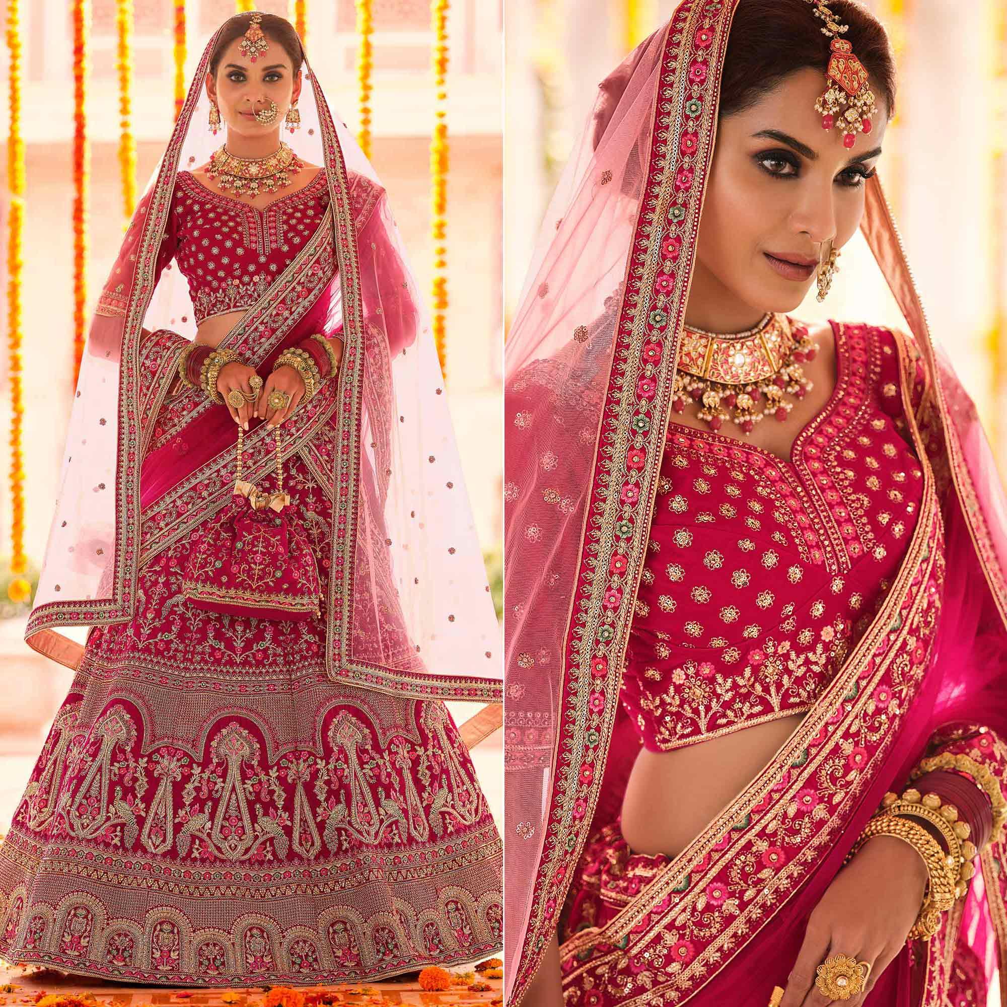 Pink Wedding Wear Heavy Embroidered Velvet Lehenga Choli - Peachmode