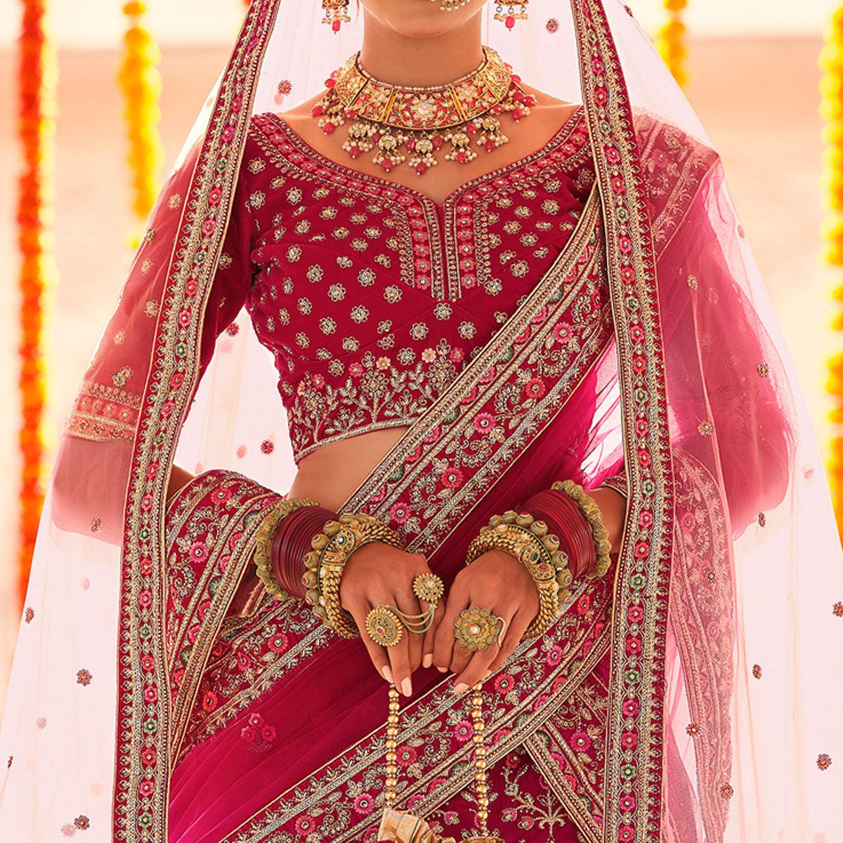 Pink Wedding Wear Heavy Embroidered Velvet Lehenga Choli - Peachmode