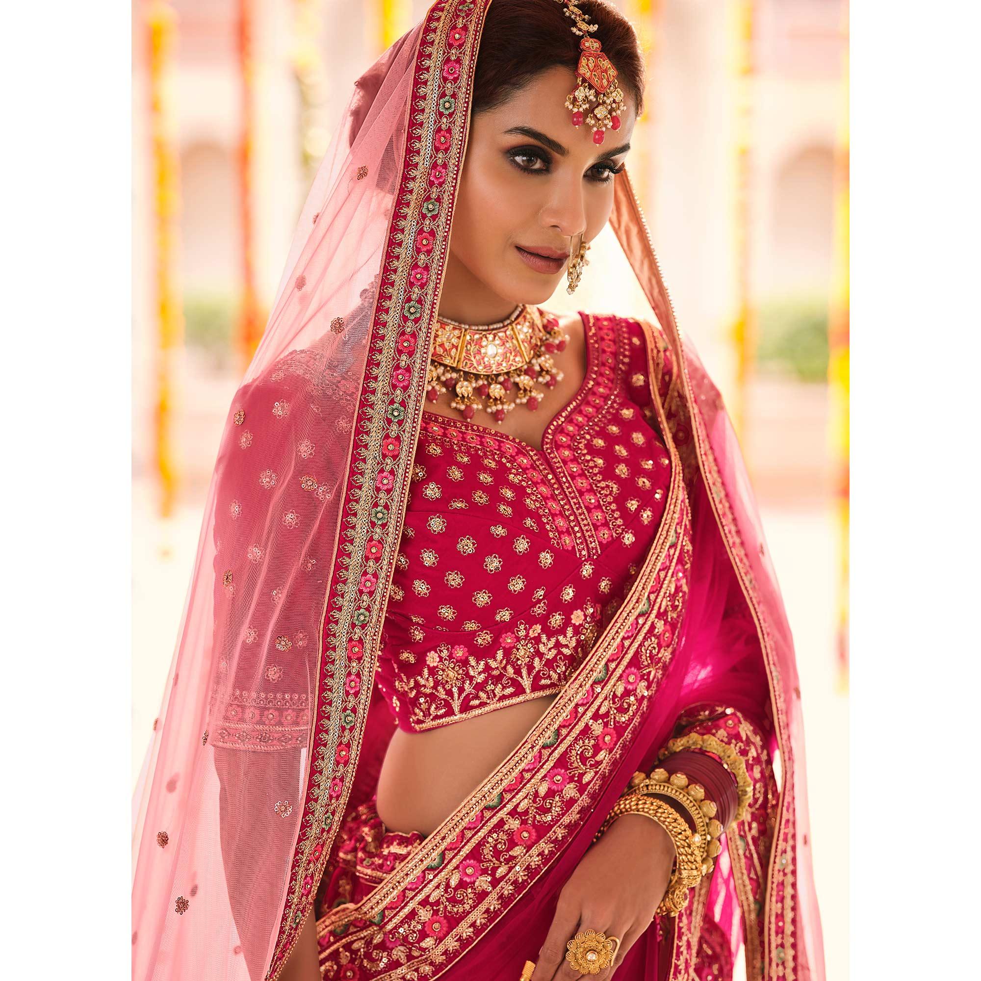 Pink Wedding Wear Heavy Embroidered Velvet Lehenga Choli - Peachmode
